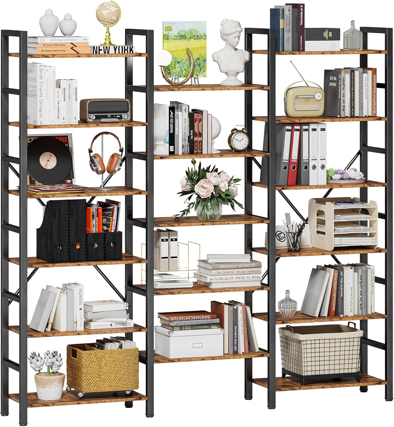 IRONCK Bookshelves 6 Tiers Triple Wide Industrial Bookshelf, Large Etagere Bookshelf Open Display Shelves with Metal Frame for Living Room Bedroom Home Office