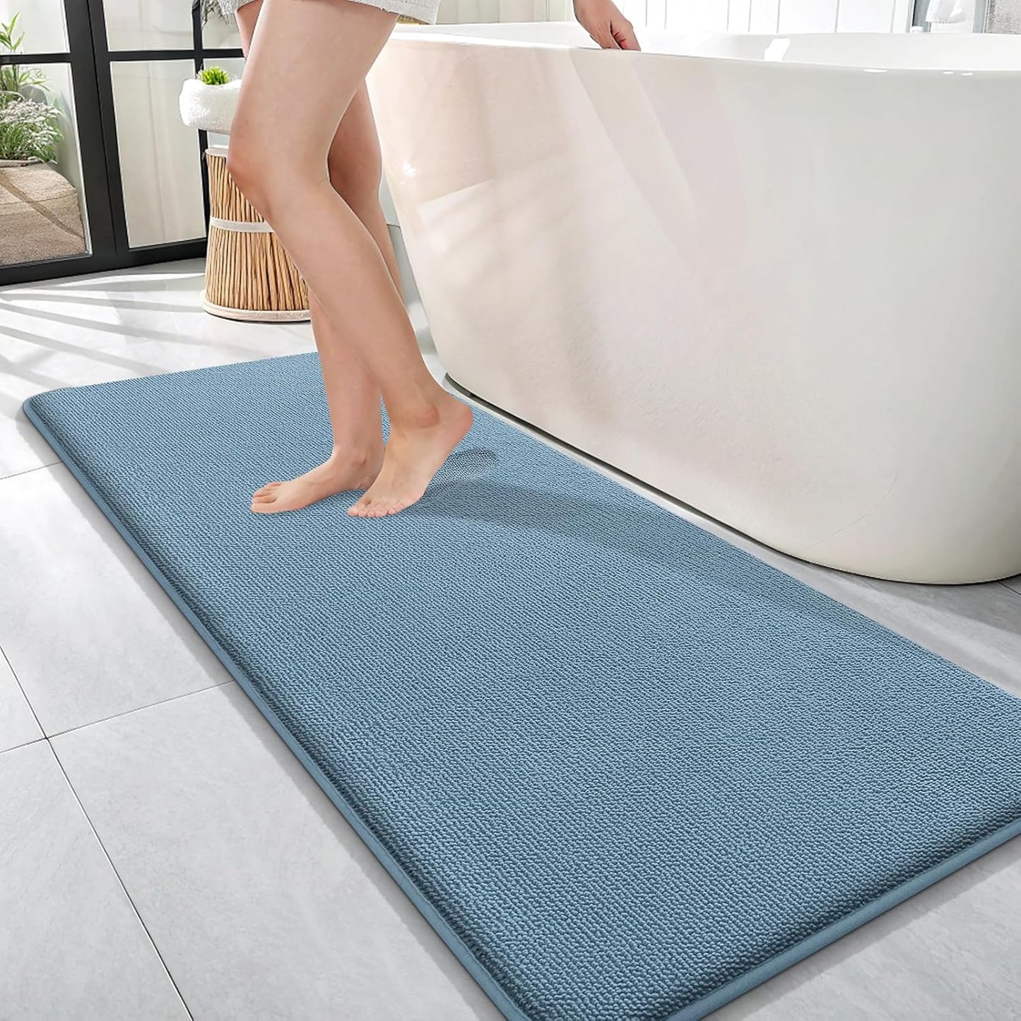 OLANLY Thick Memory Foam Bath Mat Rug 47x17, Extra Soft Absorbent Bathroom Rug, Quick Dry Bath Mats, Non-Slip, Machine Washable Carpet for Bathroom, Tub and Shower, Home Decor Accessories, Airy Blue