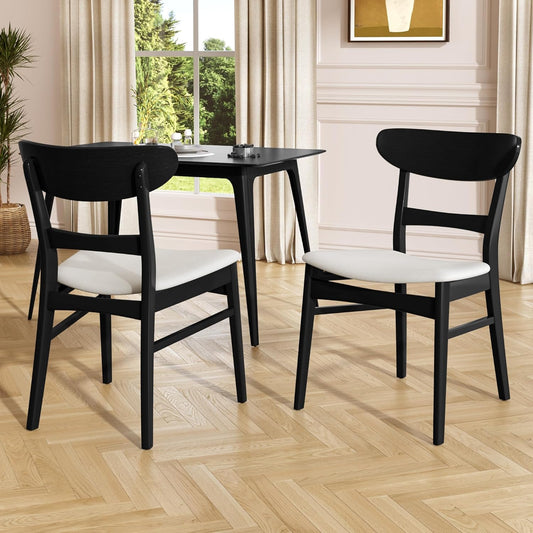 Set of 2 Solid Wood Dining Chairs, Fabric Upholstered Seat Mid-Century Modern Kitchen Furniture for Living Room, Light Beige+Black