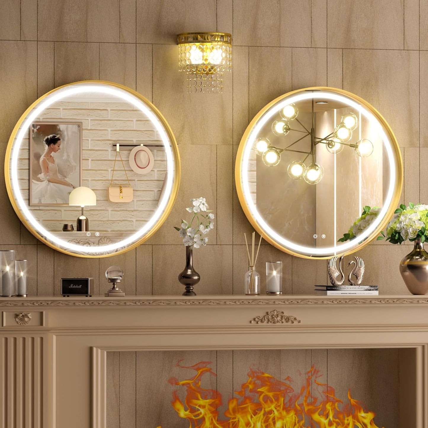Hasipu 24 Round LED Mirror for Bathroom with Lights, Gold Circle Vanity Mirror for Wall, Metal Framed Frontlit Bathroom Mirrors Anti-Fog, Dimmable, 3 Colors Makeup Mirror Wall Mounted