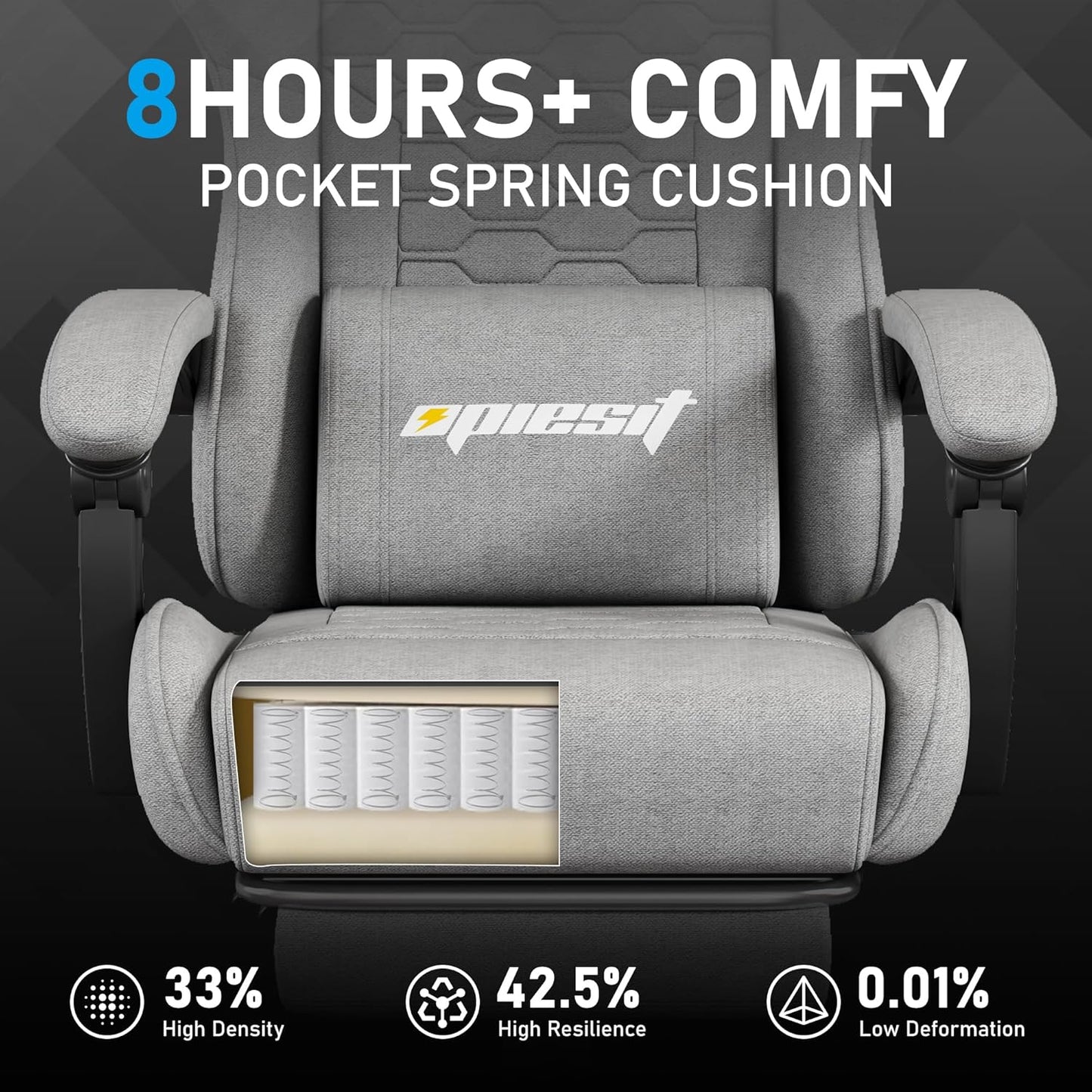 Gaming Chair, Computer Chairs for Adults with Lumbar Support and Massager, Comfortable Gamer Chair with Footrest & Pocket Spring Cushion, Ergonomic Home Office Chair, Grey, Fabric