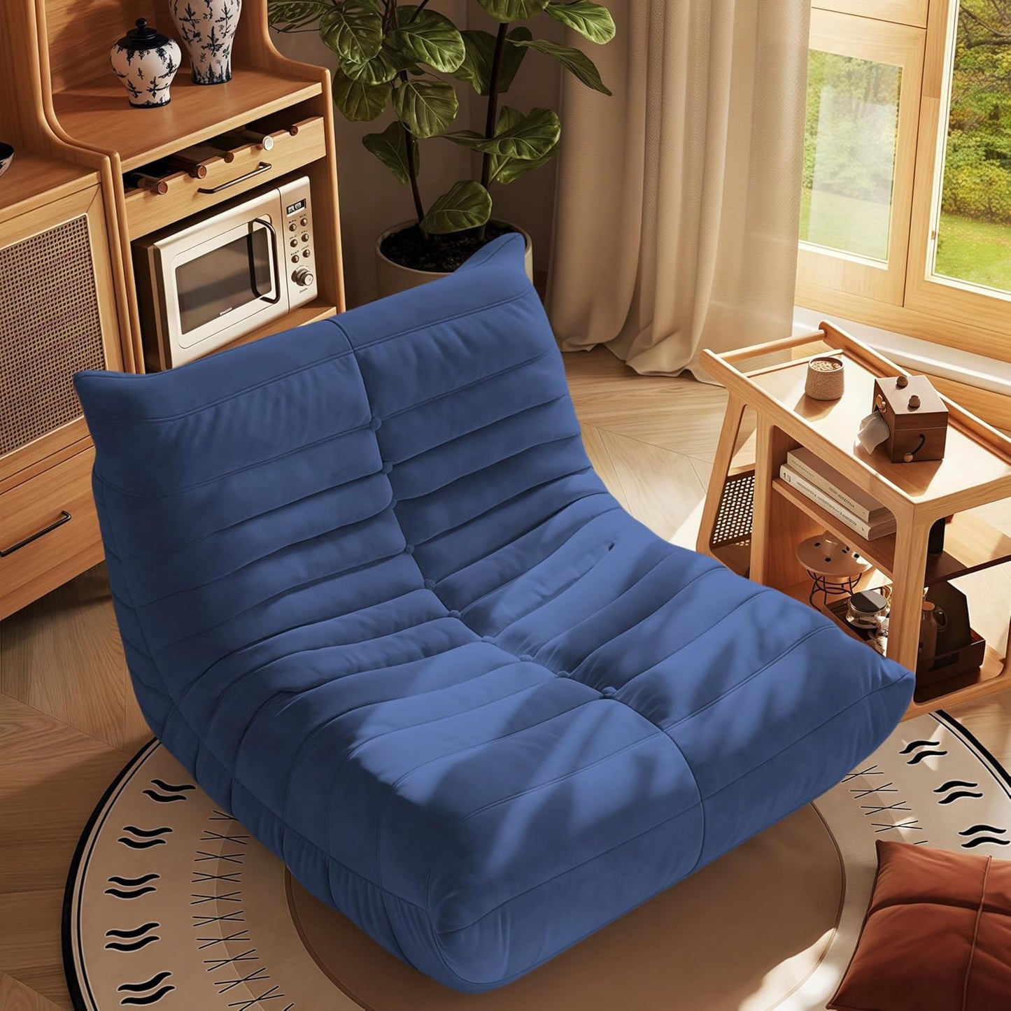 Bean Bag Chair - Memory Foam Bean Bag Chair for Adults, Comfy High-Resilience Single Sofa, Small Space Floor Chair, Chaise Lounge for Living Room, Bedroom (Dark Blue, Wrinkles)