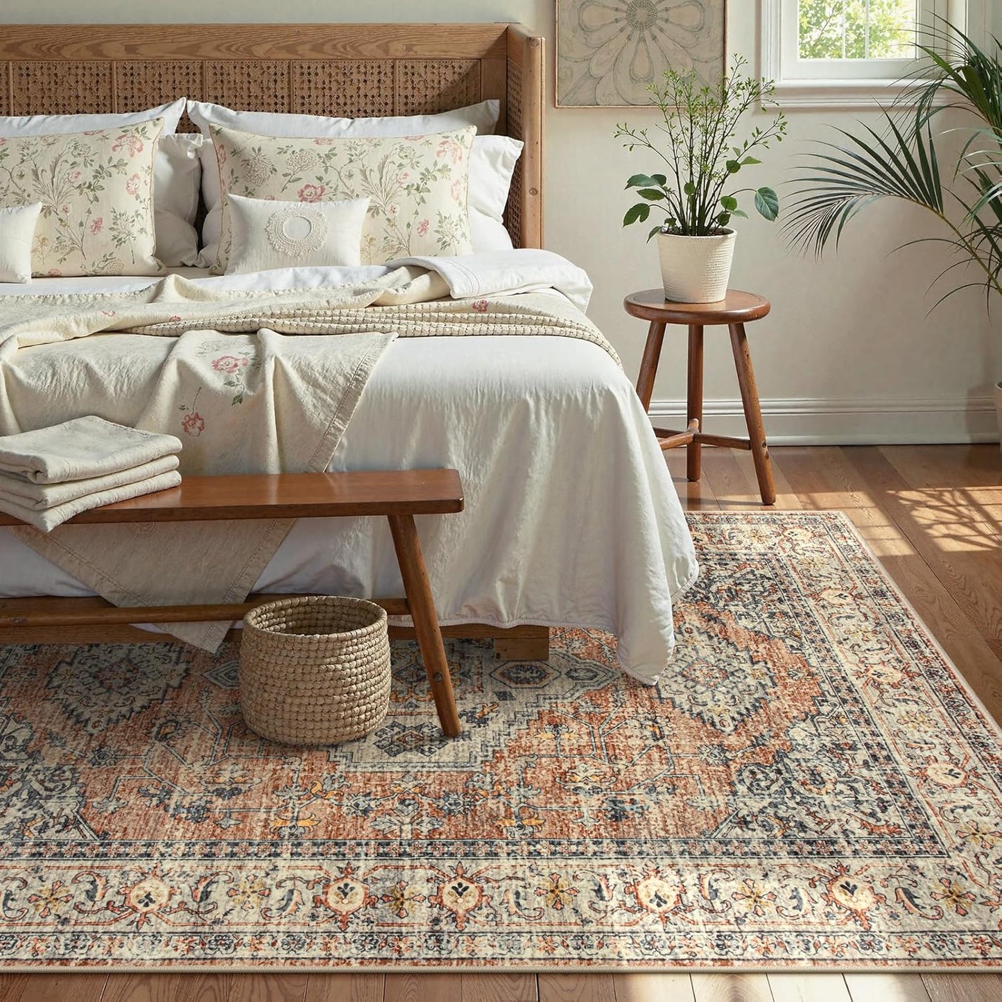 Lahome Oriental Washable Rugs 5x7, Soft 5x7 Rug for Bedroom Living Room, Ultra-Thin Non Slip Stain Resistant Vintage Throw Carpet for ‎Dining Room Office, Peach/Orange