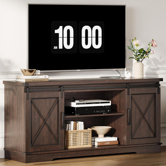 CABIHOME Farmhouse TV Stand and Entertainment Center for Tv up to 65 inches with Sliding Barn Doors and Adjustable Shelf, TV Media Storage Console Table for Living Room, Brown