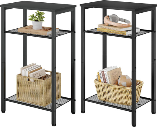 Hoctieon 2-Set 3 Tier End Table, Telephone Table Set of 2, Tall Side Table with Storage Set of 2, Small Nightstand for Small Spaces, Metal Frame, for Living Room, Bedroom, Sofa Couch, Black