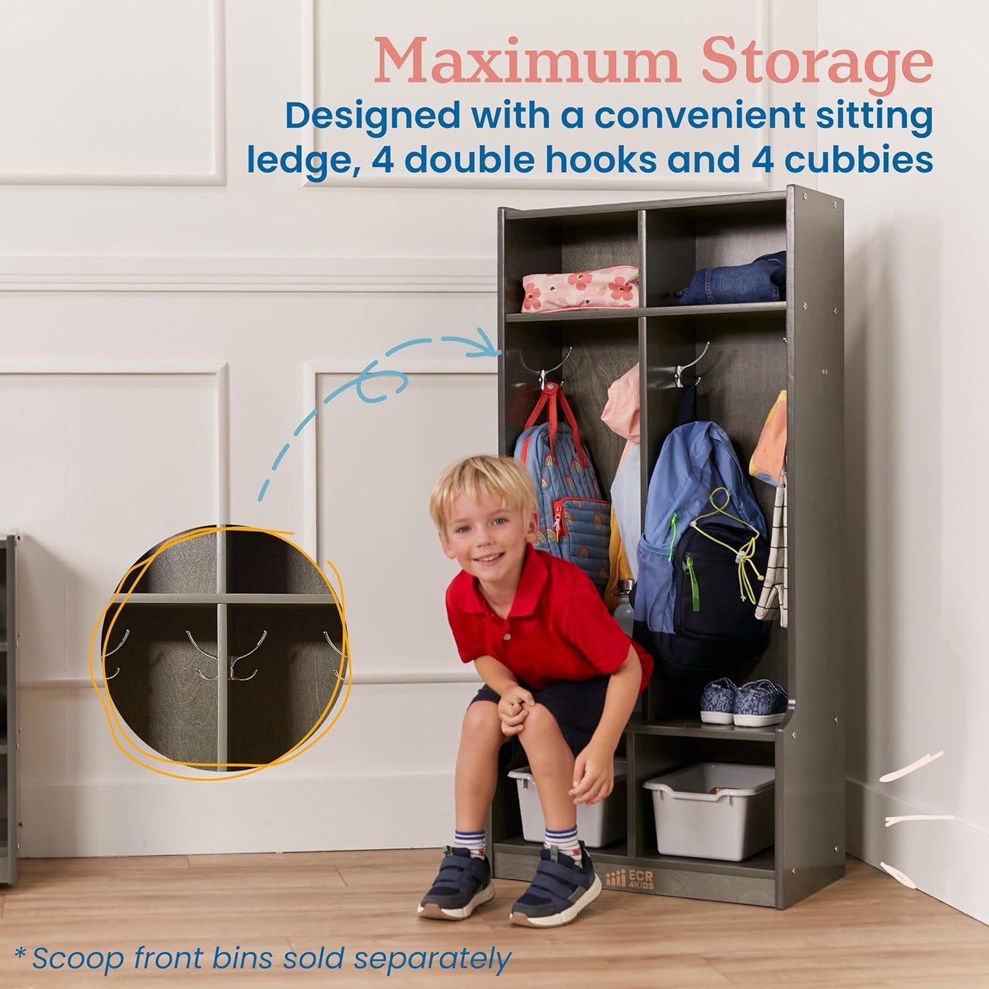 ECR4Kids 2-Section Coat Locker with Bench, Classroom Furniture, Grey Wash