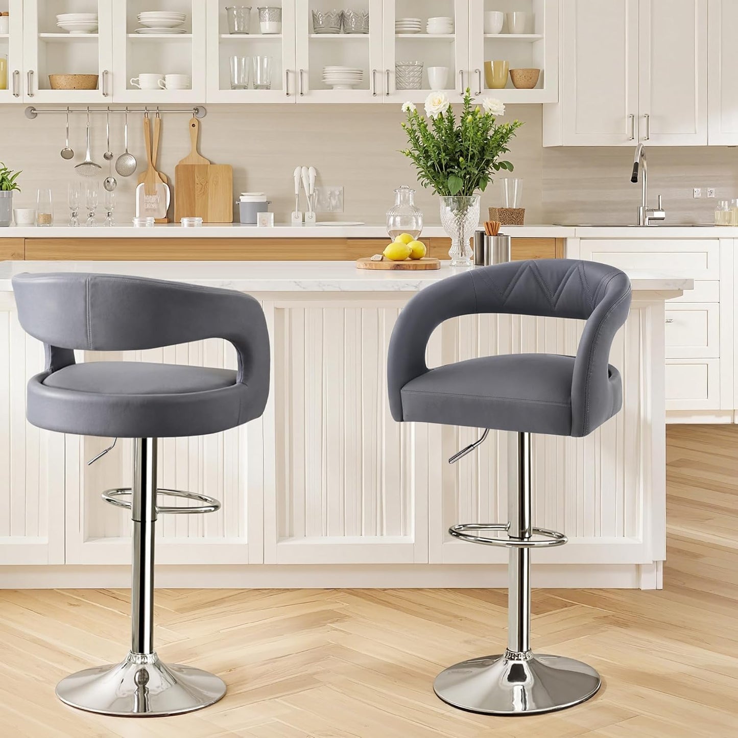 VECELO Bar Stools Set of 4 Adjustable Swivel Modern Pu Leather Barstools, Counter Bar Stools with Back and Arms, for Kitchen, Bar (Light Gray)