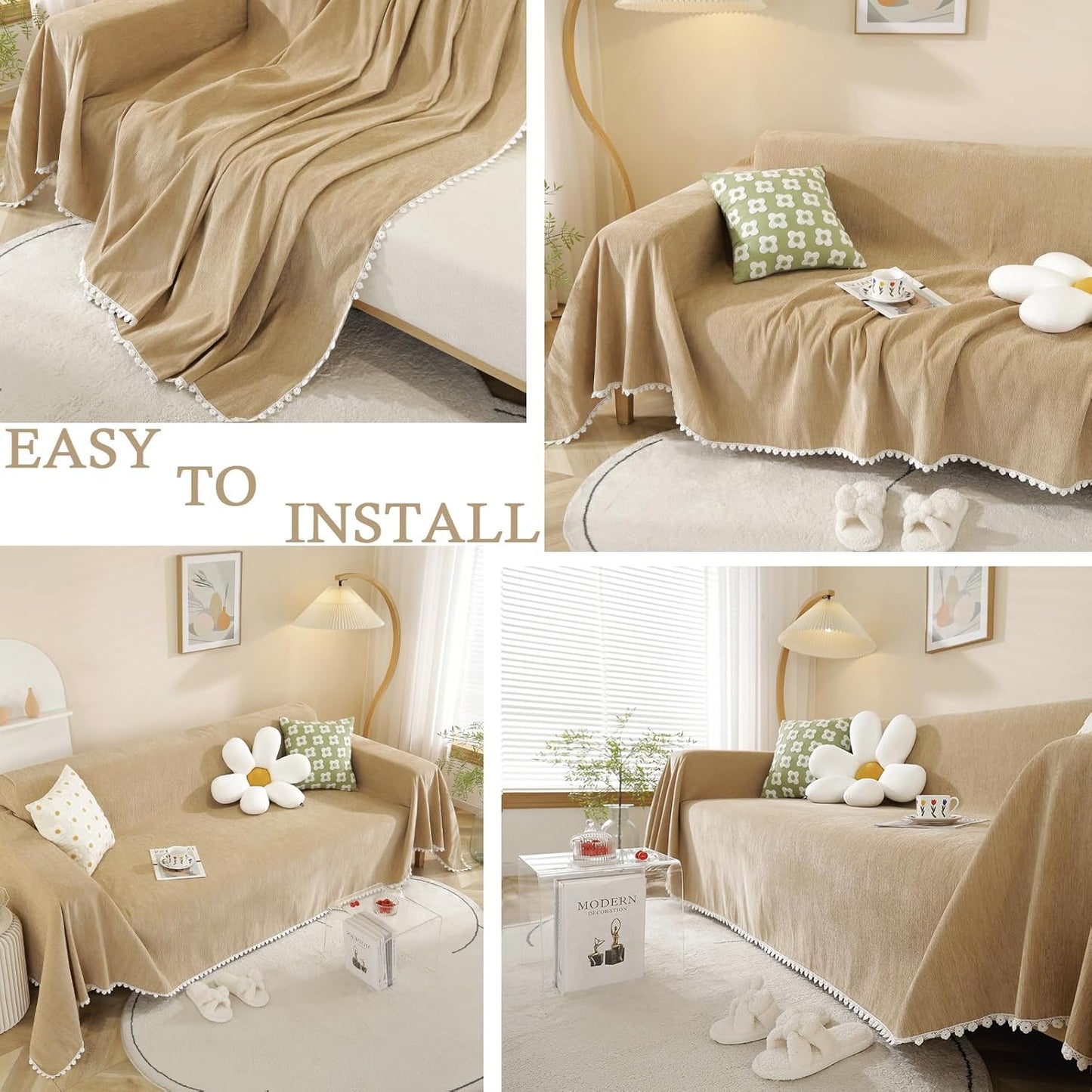 HANDONTIME Khaki Loveseat Covers Couch Cover for Dogs Cats Solid Sofa Covers for 3 Cushion Couch Machine Washable Couch Covers for Sectional Sofa L Shape Chenille Sofa Slipcover Soft, 71" X134"