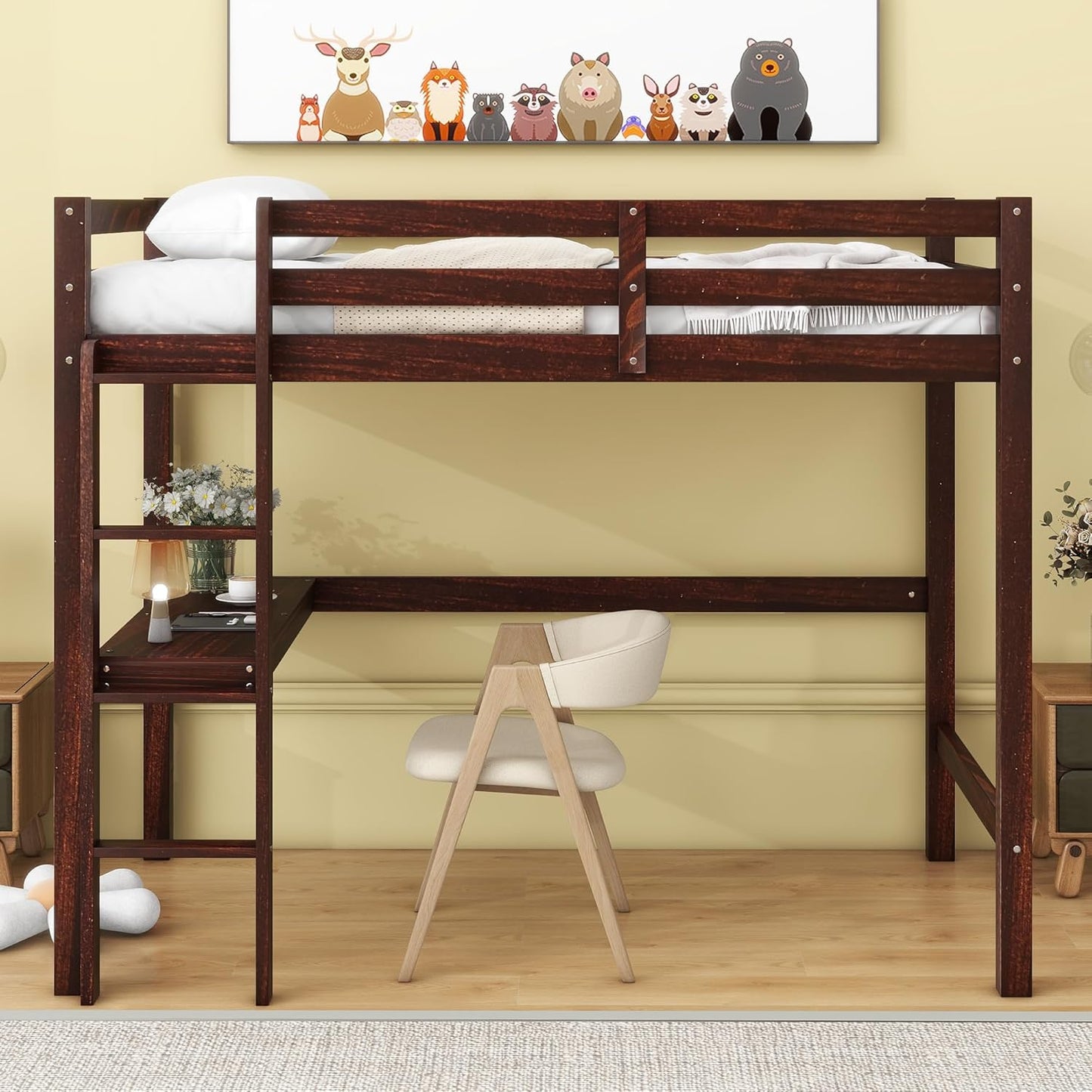 HomSof Modern Twin Loft Bed with Desk and Ladder,Ideal for Small Bedrooms,Espresso