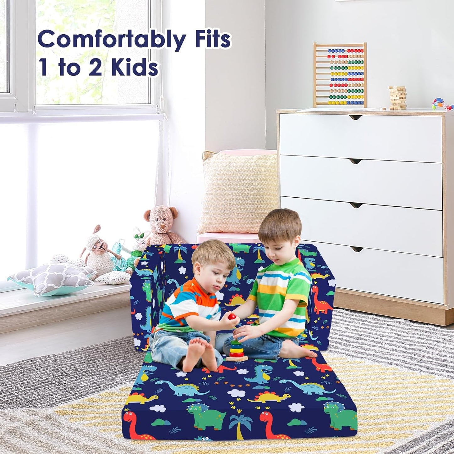 Kids Couch Convertible Sofa to Lounger for Toddler Boy, Foldable 2-in-1 Kids Sofa Bed, Toddler Chairs Comfy for Bedroom Playroom, Blue Dinosaur