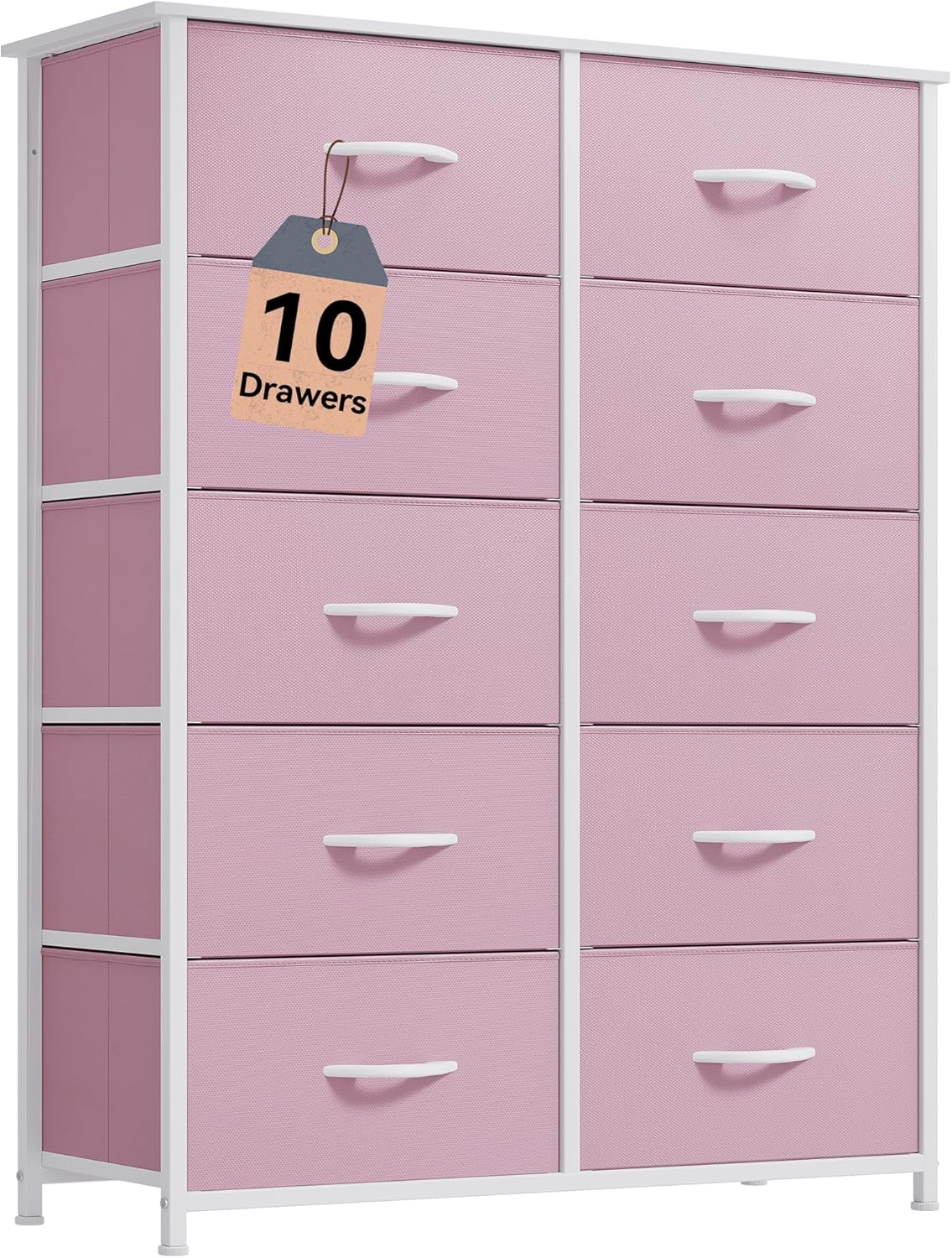 DWVO 10 Drawer Dresser - Fabric Storage Tower, Tall Chest Organizer Unit, Living Room, Hallway, Closets - Sturdy Steel Frame, Wooden Top & Easy Pull Fabric Bins, Pink