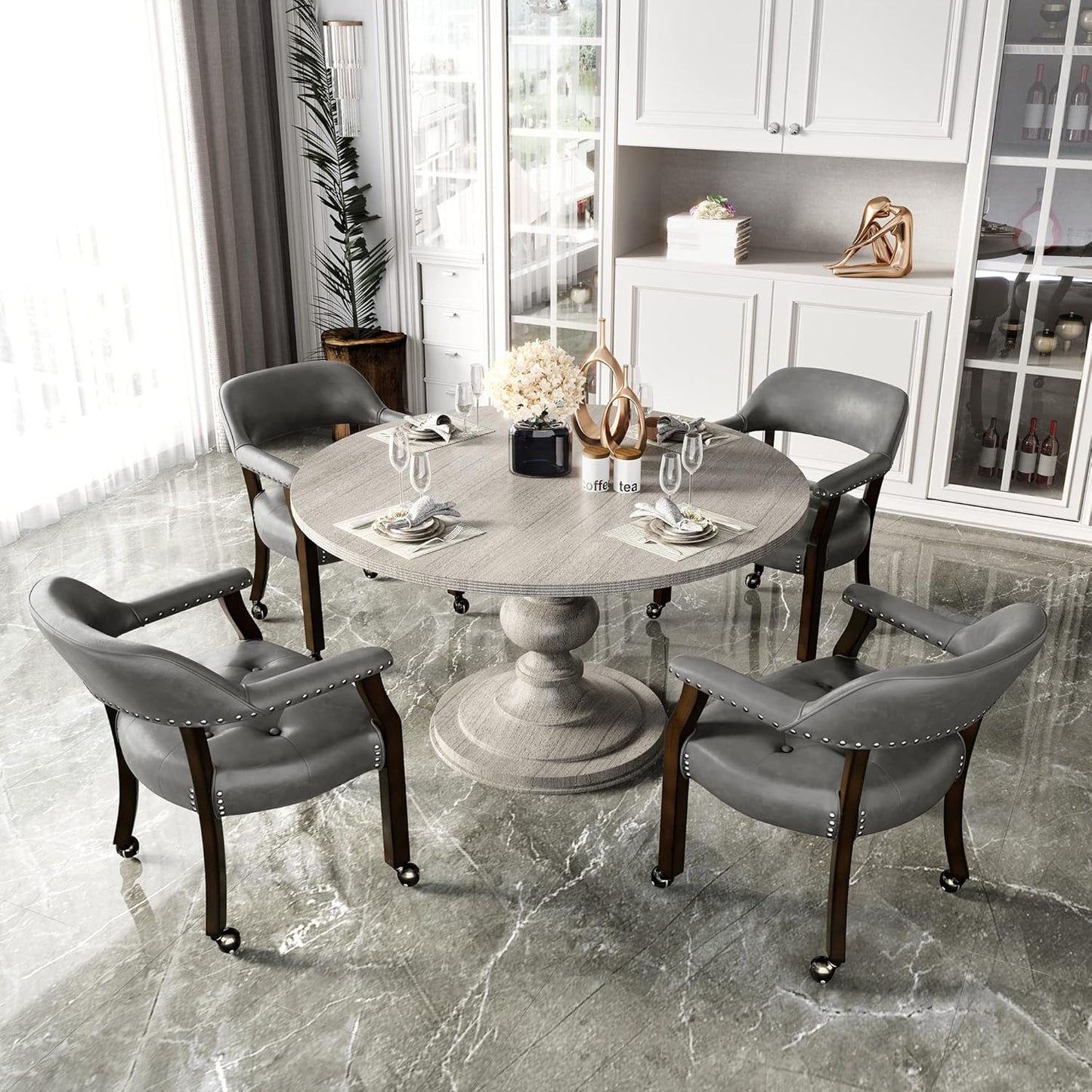 LEEMTORIG Dining Chairs with Casters and Arms, Rolling Dining Chairs with Wheels, Game Poker Table Chairs, Solid Wood Boss Caption's Chairs Office Desk Chairs, Espresso Legs & Dark Grey, XXY-1910-DG