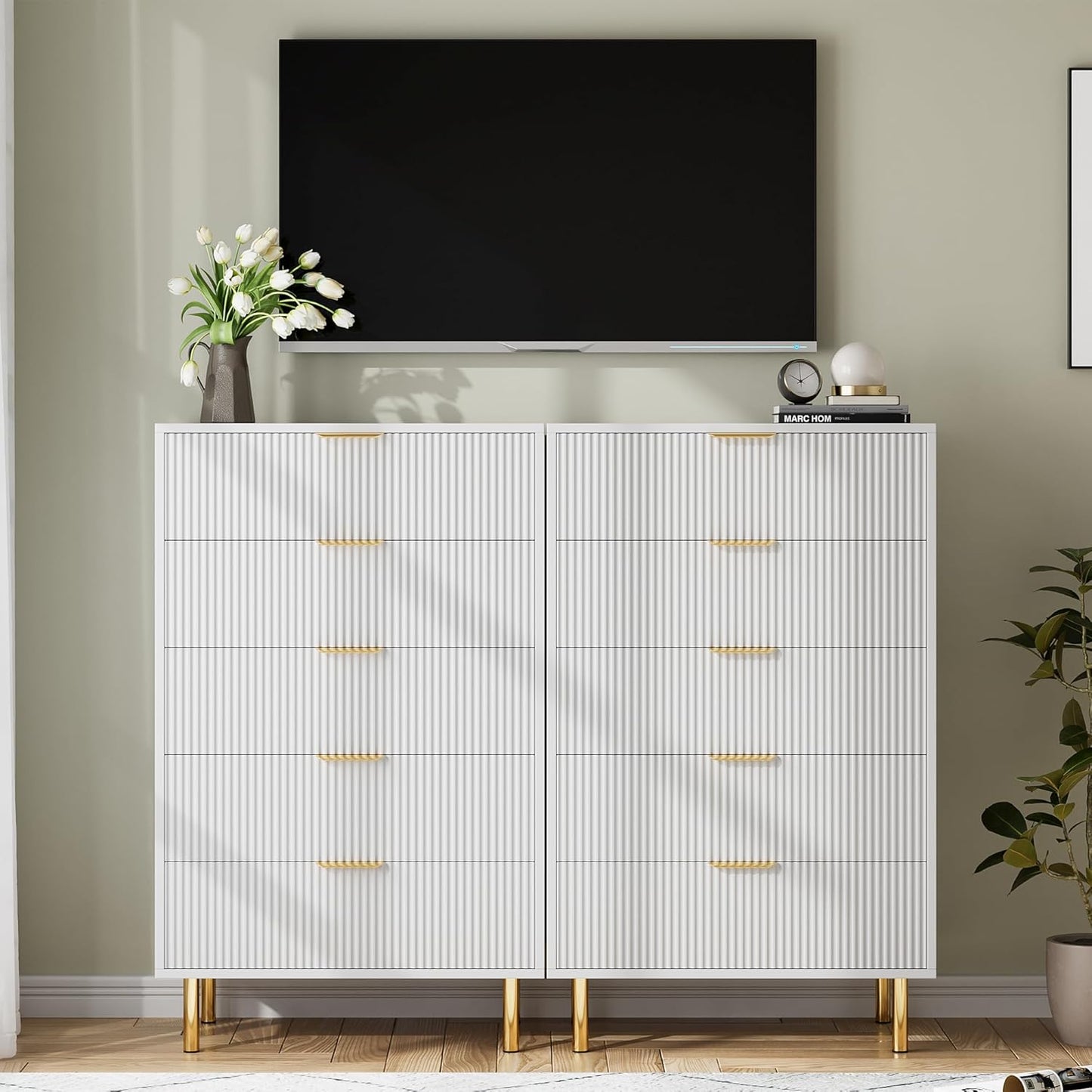 GarveeHome White Dresser, Modern 5 Drawer Dresser for Bedroom with Gold Handle and Large Drawer, Wood Double Chest of Drawers and Storage Organizer for Living Room, Hallway, Entryway