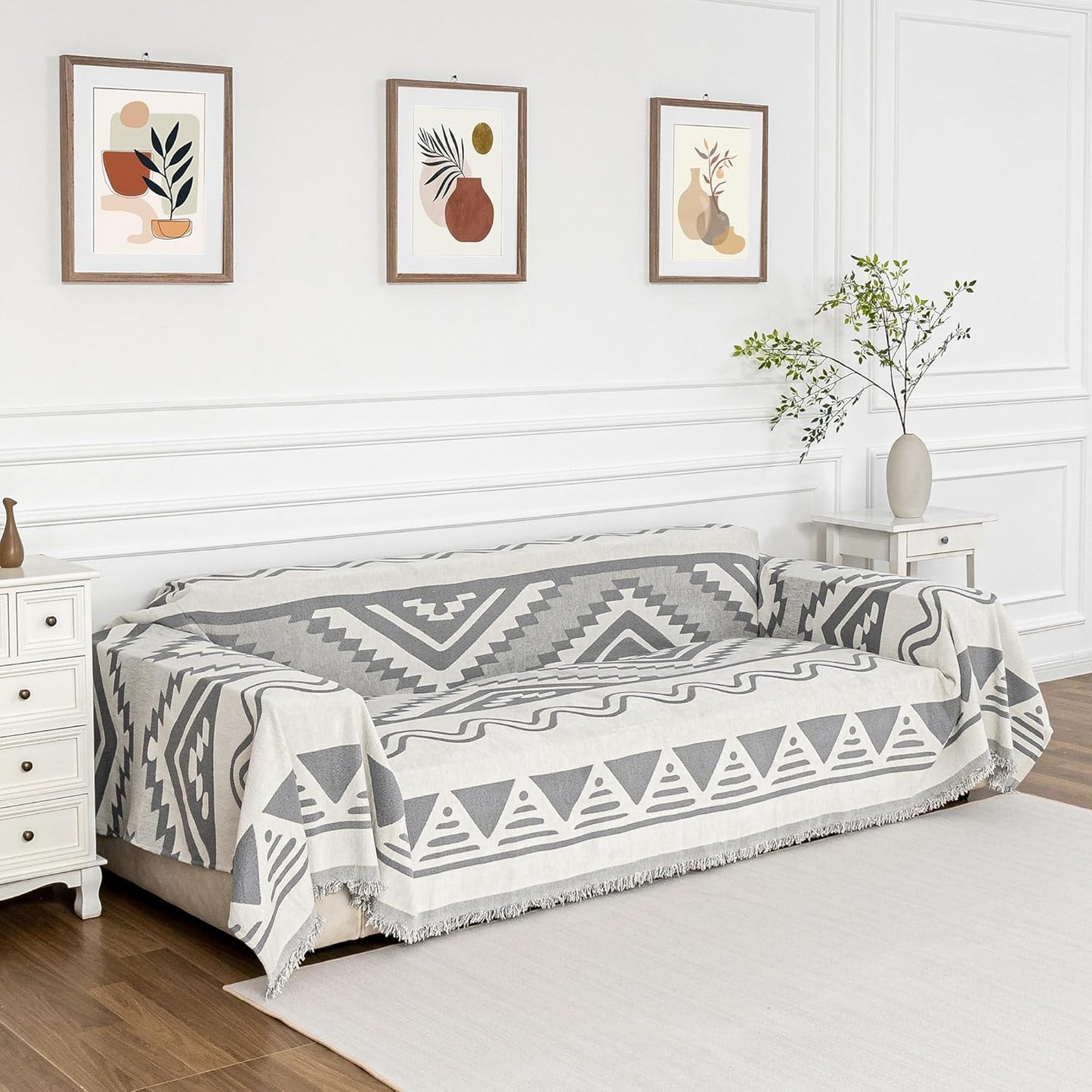 MYSKY HOME Sectional Couch Cover Grey Boho Geometric Sofa Covers for Sectional Sofa L Shape Chenille Couch Protector for Dogs Pets Couch Throw Cover Washable Durable for Home Decor, 71" X118"