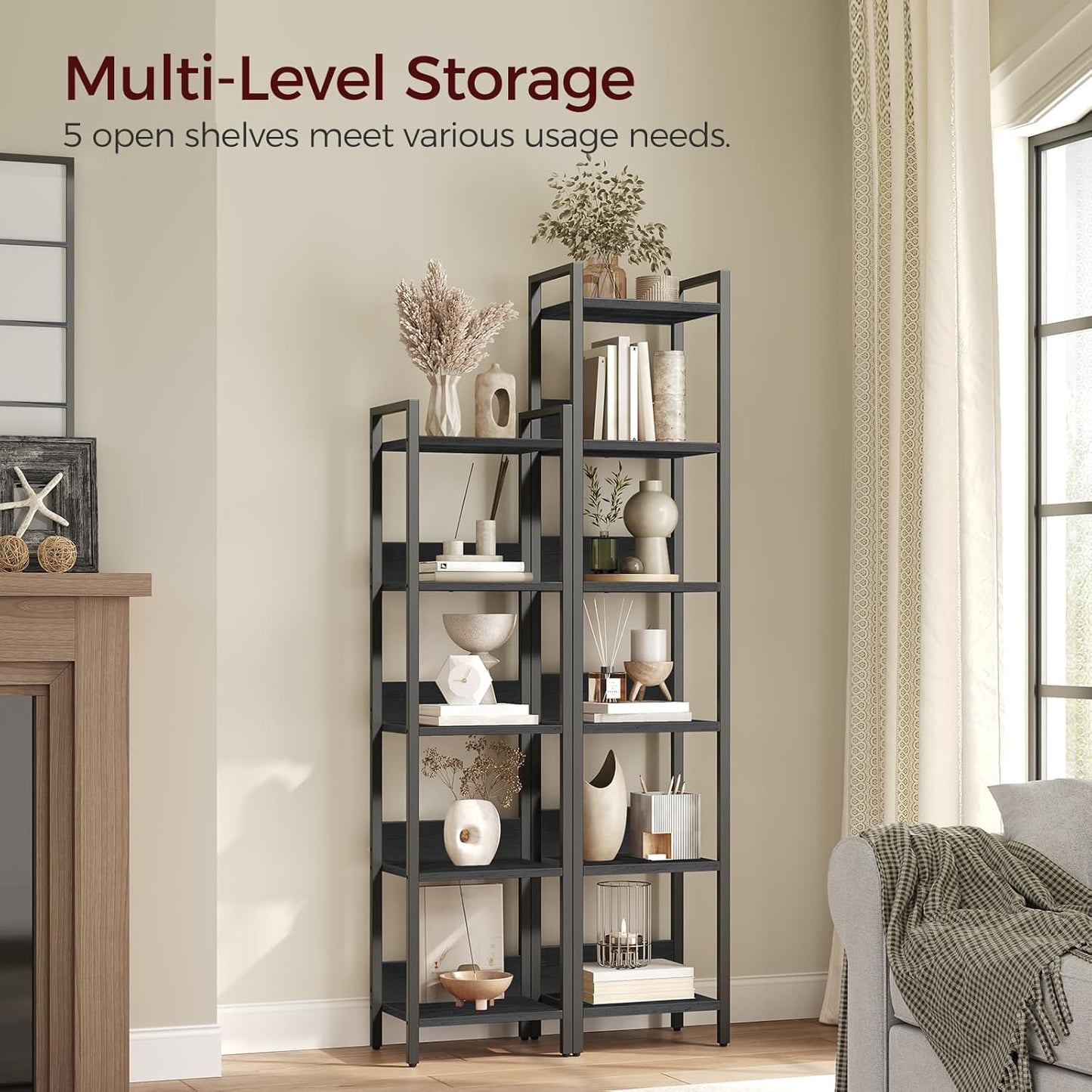 5-Tier Bookshelf, Bookcase, Shelves Organizer for Small Spaces, Storage Shelf Organizer, for Living Room, Bedroom, Study, Balcony, Black BKHB5501