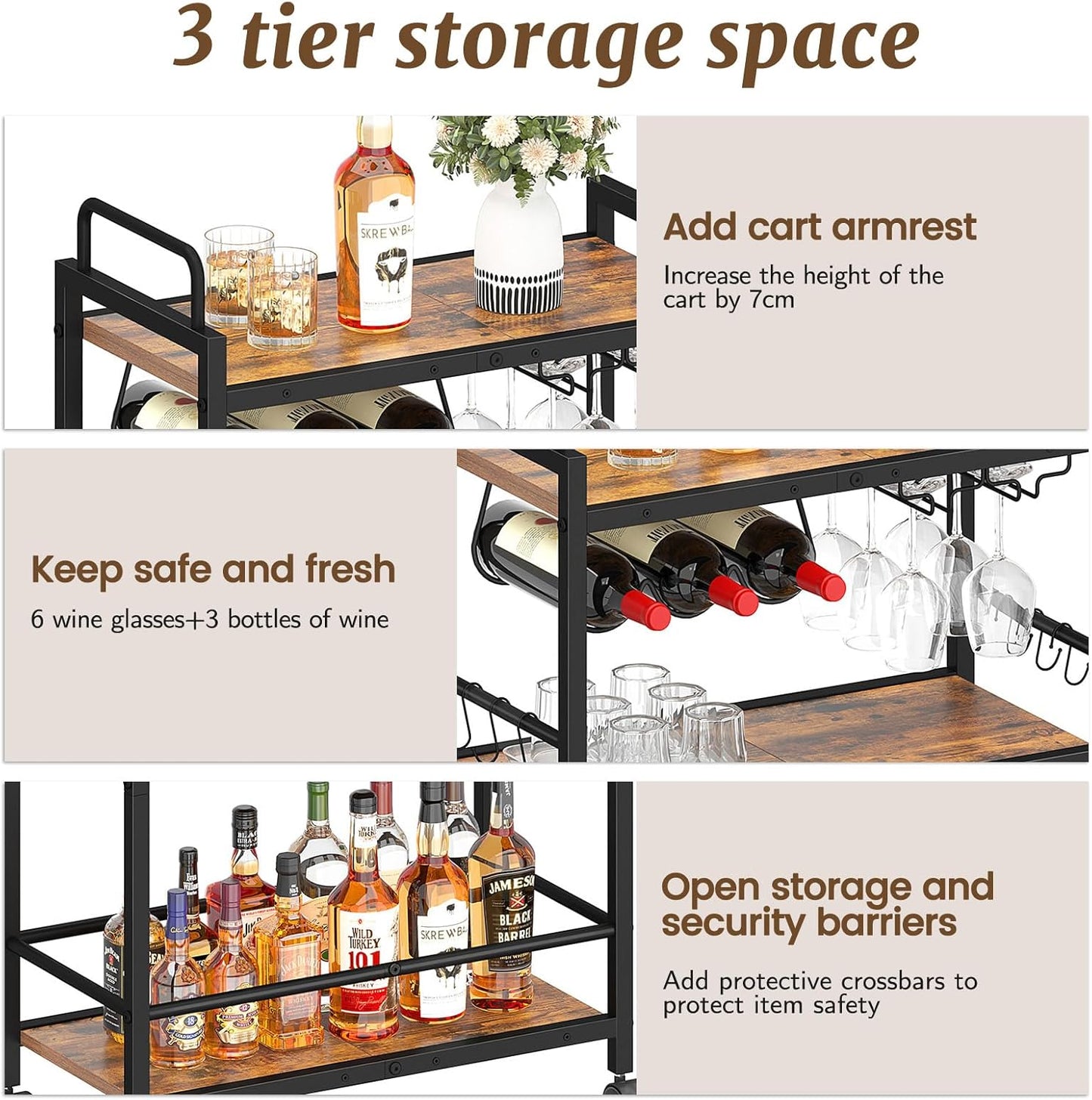 Home Bar Serving Cart, Serving Cart with Wheels and Handle, 3 Tier Rolling Kitchen Cart, Microwave Cart, Beverage Cart with Wine Holder and Glass Holders, for Dinning Room, Living Room, Kitchen