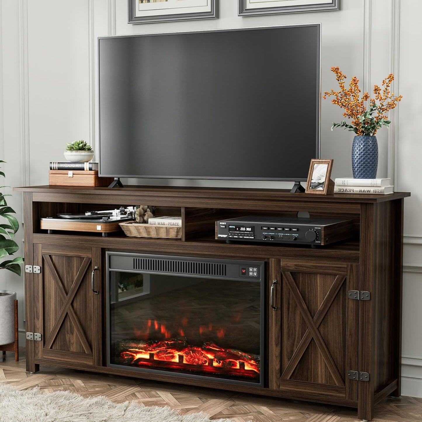 YESHOMY Fireplace TV Stand for Television up to 65+ Inch with Storage and Farmhouse Barn Doors, Entertainment Center with Cabinet and Shelves, Media Console for Living Room, Walnut