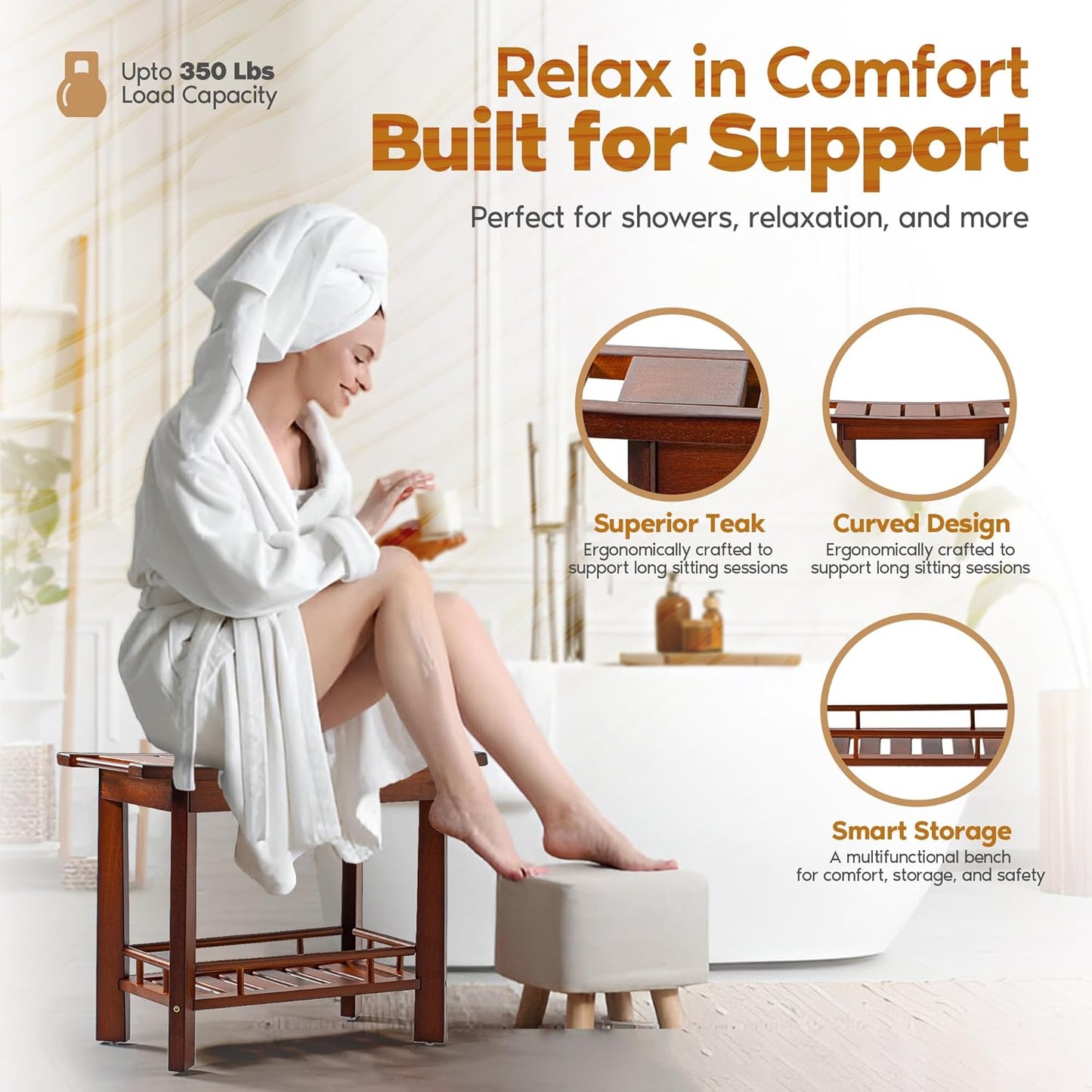 21" Teak Shower Bench for Inside – Luxury Spa-Style Comfort, FSC Certified Durable Teak Wood, Water-Resistant, Ergonomic Seat, Anti-Skid Stability and Enclosed Storage Shelf, 350 lbs Capacity