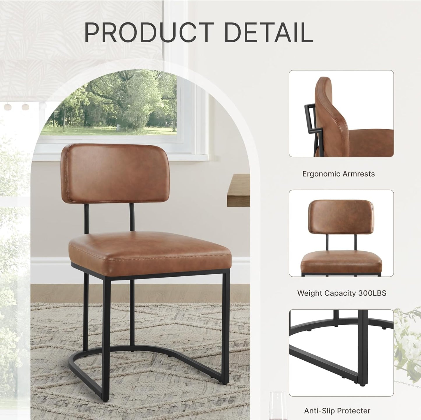 Dining Chairs Set of 6, Upholstered Modern Kitchen Chairs with Ergonomic Backrest, Faux Leather Cushion Seat & Metal Legs for Living Room, Restaurant, and Café, Brown, 2 Boxs