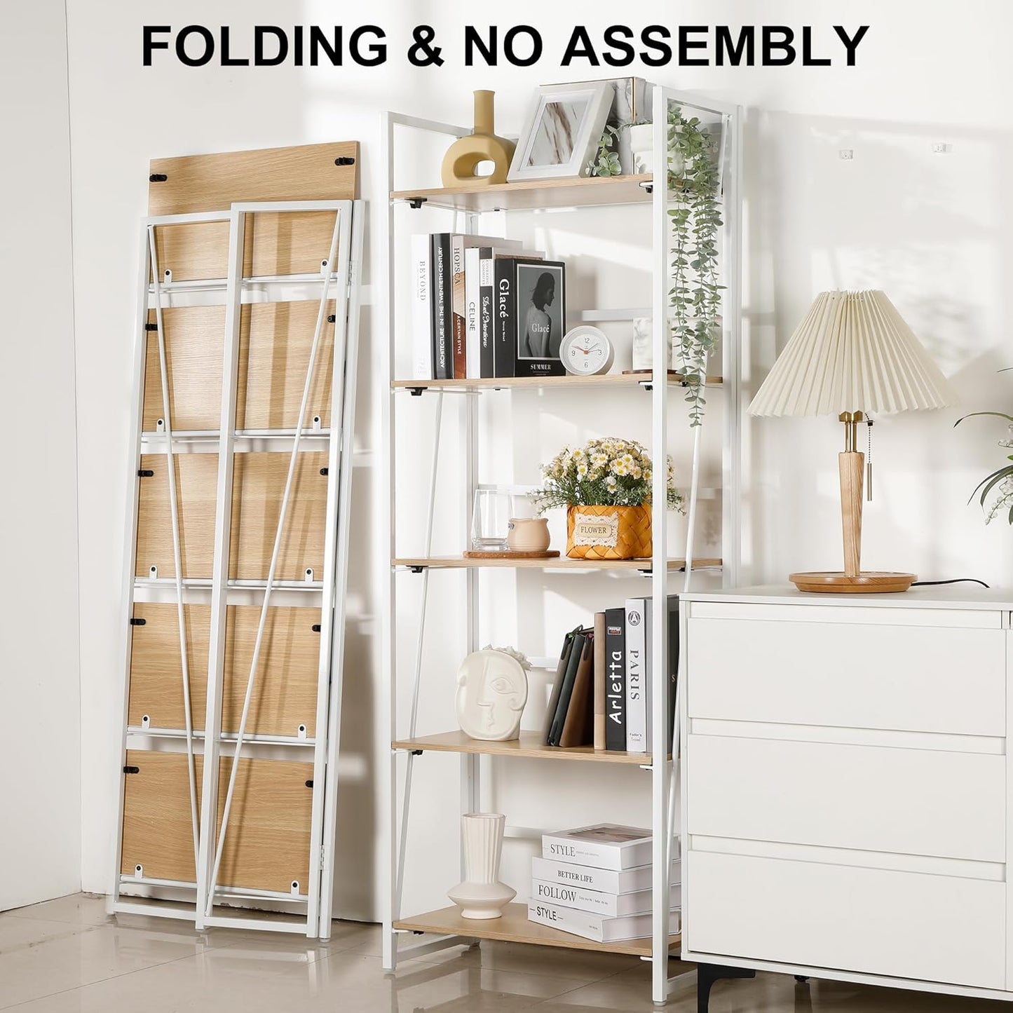 Rengue No-Assembly Folding Bookshelf Storage Shelves 5 Tiers Foldable Vintage Multifunctional Plant Flower Stand Storage Rack Shelves Bookcase for Home Office, White