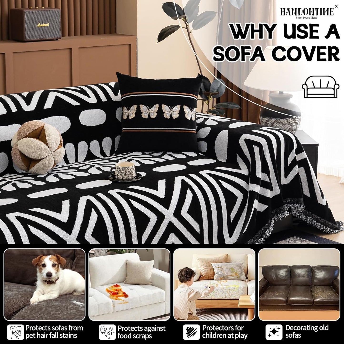 HANDONTIME Boho Couch Cover Blanket Geometric Striped Pet Covers for Couches and Sofas Black and White Dog Cover for Couch Pet Friendly Chenille Sectional Sofa Covers for Pets Washable, 71" X 118"