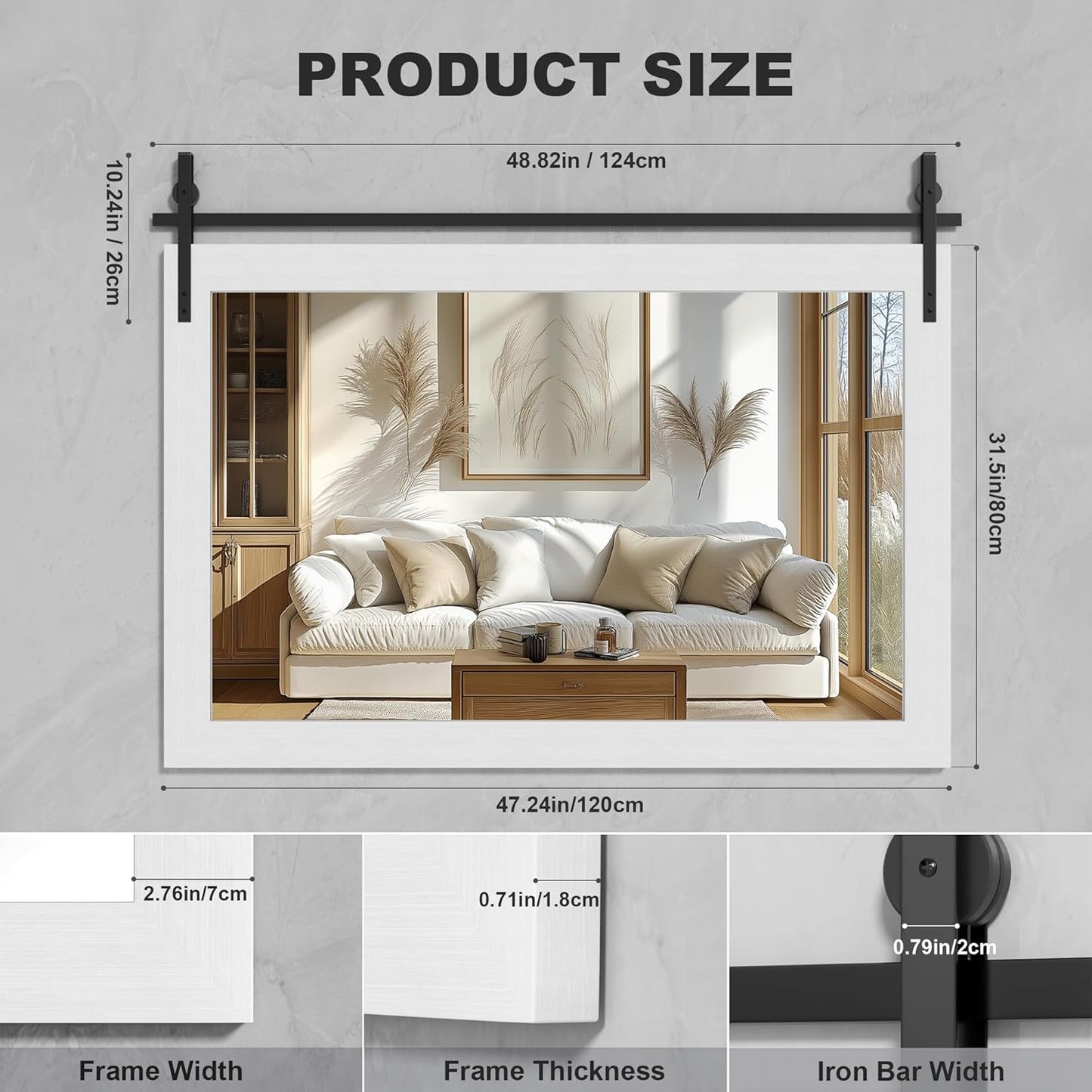 Hasipu Farmhouse Bathroom Mirror, 48"x32" Rustic Wood Framed Wall Mounted Mirror, White Vintage Vanity Mirror Barn Door Style Decrative Mirrors