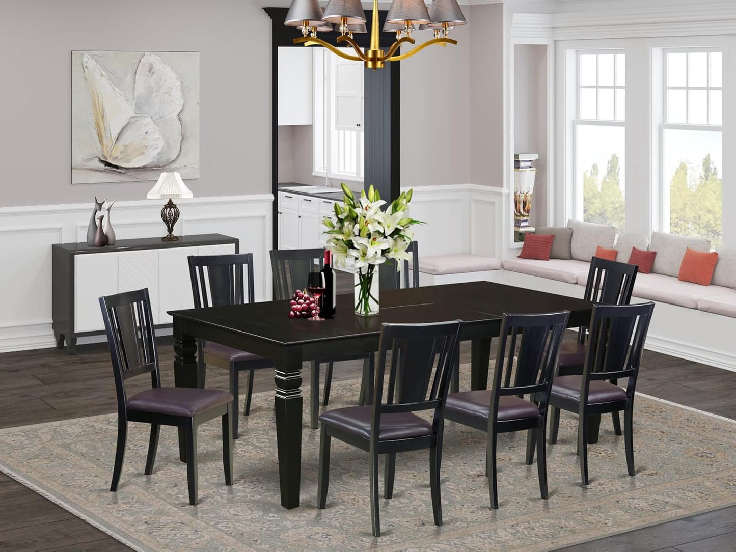East West Furniture LGDU9-BLK-LC 9 Piece Kitchen Table Set Includes a Rectangle Dining Room Table with Butterfly Leaf and 8 Faux Leather Upholstered Chairs, 42x84 Inch, Black