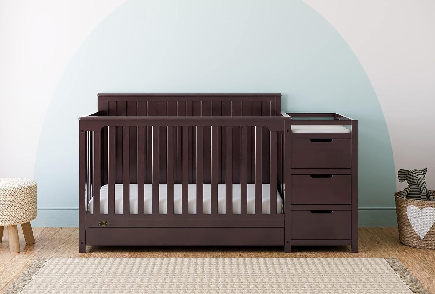 Graco Hadley All-in-One Convertible Crib & Changer (Espresso) – GREENGUARD Gold Certified, Fits Standard Crib Mattress, Converts to Toddler Bed and Full Bed, 4 Adjustable Mattress Heights
