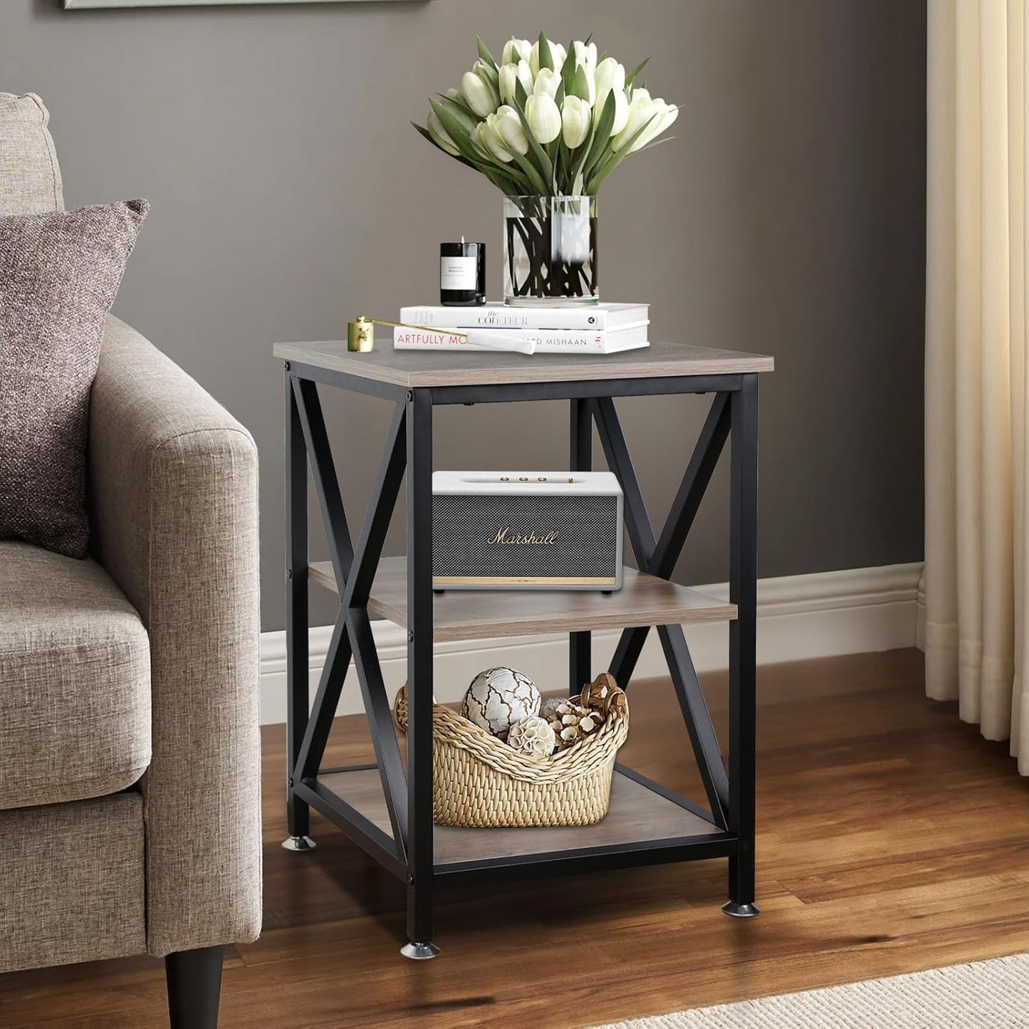 End Tables Living Room, 16" D x 16" W x 24" H, Indoor SideTables Living Room with Storage Shelf, Square End Table, X-Shaped Night Stands for Bedroom, Farmhouse Wood End Tables, Grey