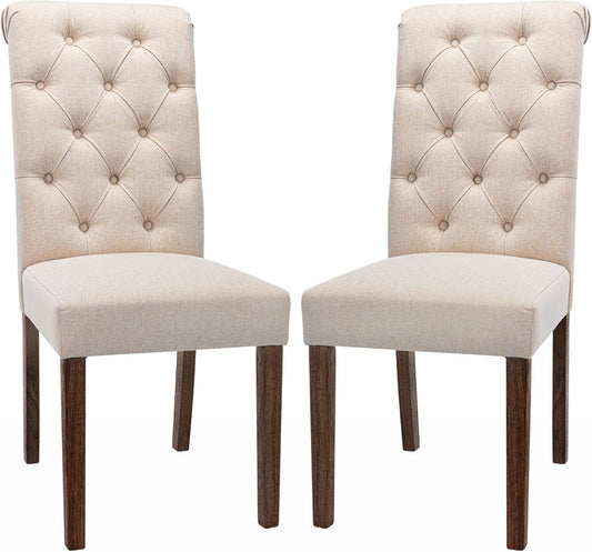 COLAMY Tufted Upholstered Dining Chairs Set of 2, Accent Parsons Chairs with Solid Wood Legs and Padded Seat, Beige