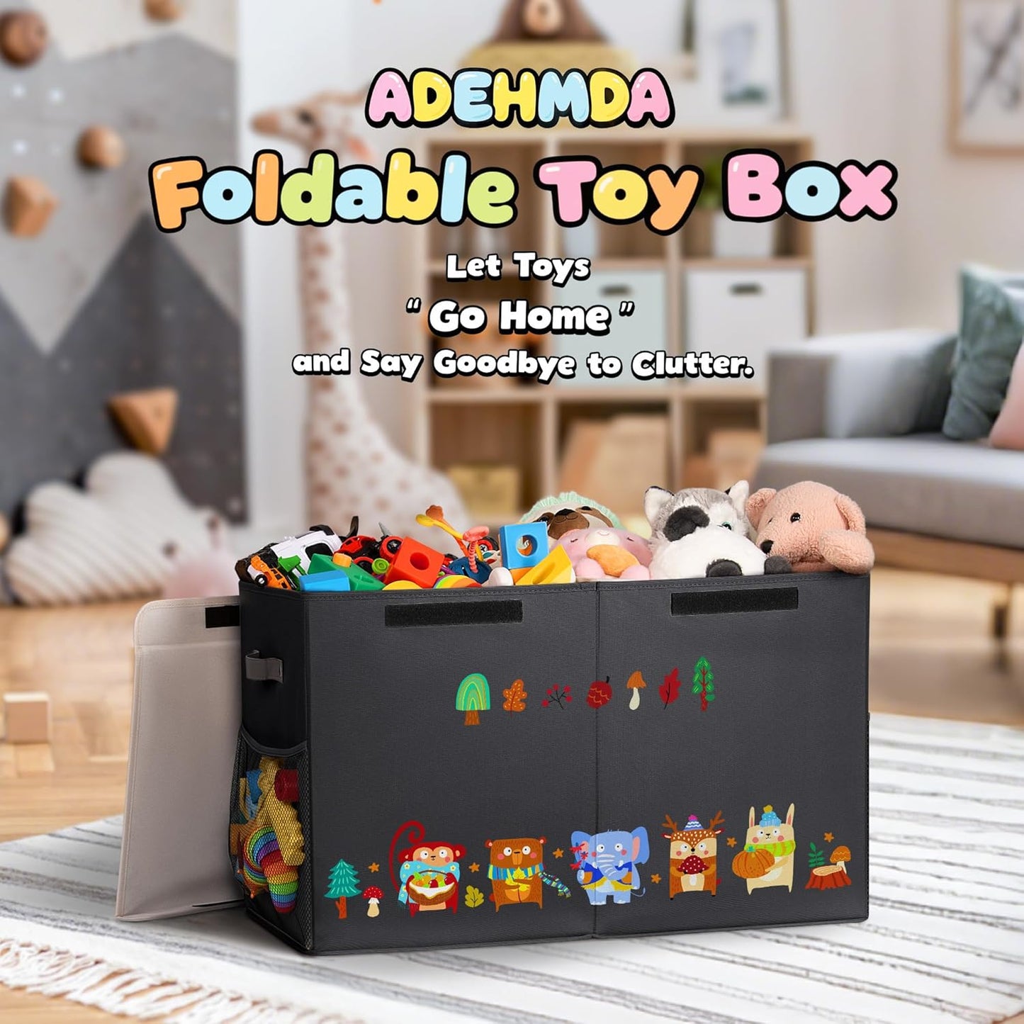 80L Large Toy Storage Box with Lid, Large Toy Box Chest for Kids, Girls and Boys, Nursery Room and Living Room, 26"x13" x16" (black-animal)