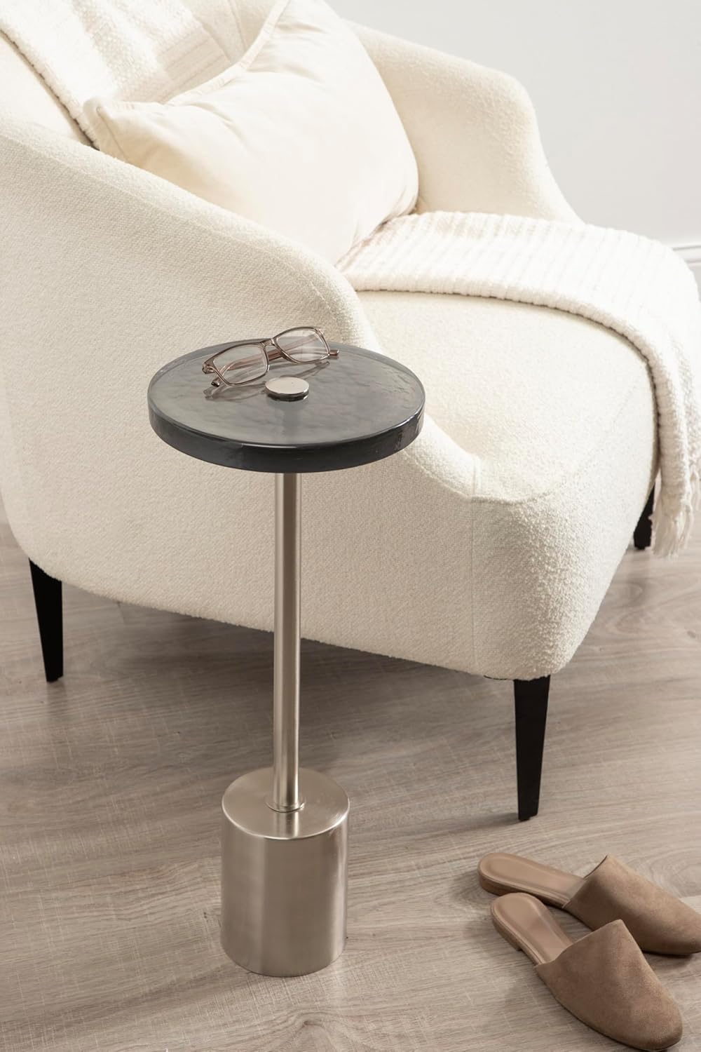 Kate and Laurel Xyler Modern Round Metal and Glass Drink Table, 10 x 10 x 24, Gray Glass and Silver, Decorative Plant Pedestal Table for Use as Indoor Plant Stand or Small Bathtub Table