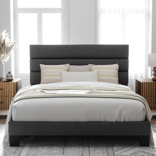 Allewie Full Size Platform Bed Frame with Fabric Upholstered Headboard and Wooden Slats Support, Fully Upholstered Mattress Foundation/No Box Spring Needed/Easy Assembly, Dark Grey