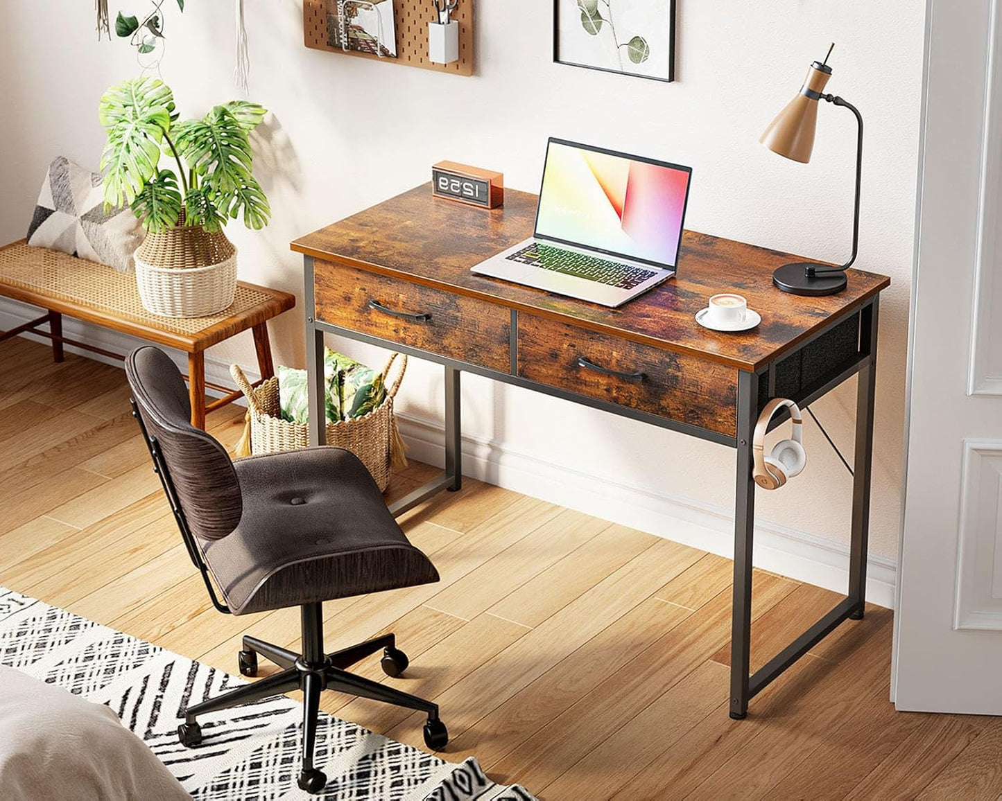 Casaottima 40 Inch Small Office Computer Desk with 2 Drawers & Headphone Hook - Compact Writing Desk for Home Office, Study or Work, Modern Space-Saving Design for Small Spaces, Pure Vintage