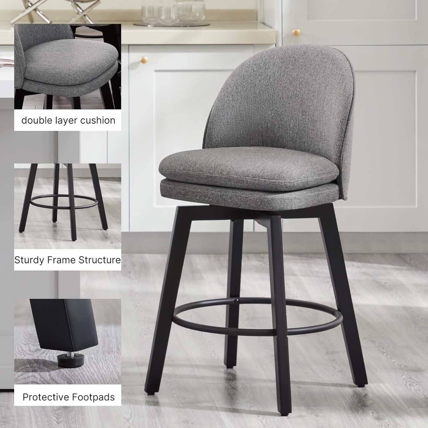 Counter Height Barstools 26 inch Upholstered Swivel Bar Stools with Back and Wood Legs for Kitchen Island,Set of 4,Dark Grey Fabric-Armless