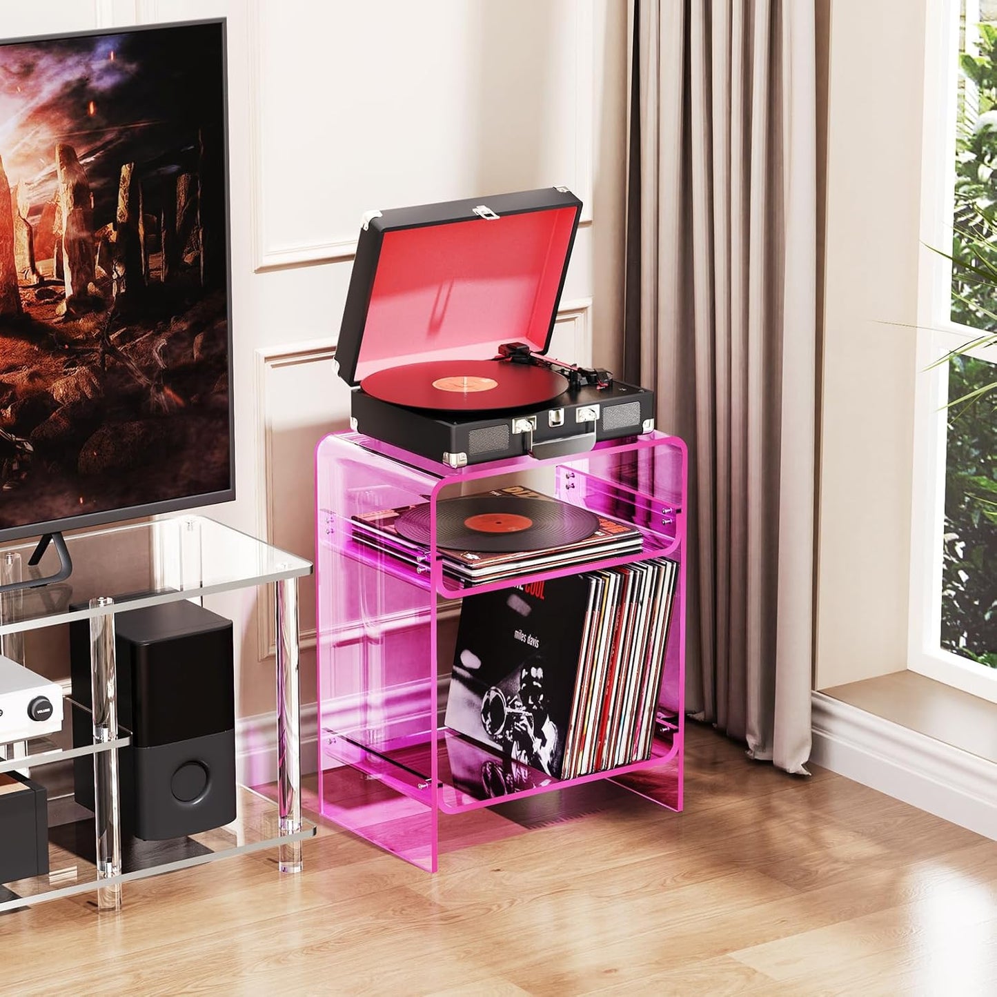 Acrylic Record Player Table with Storage Shelf, Clear Side Table Nightstand (Pink)
