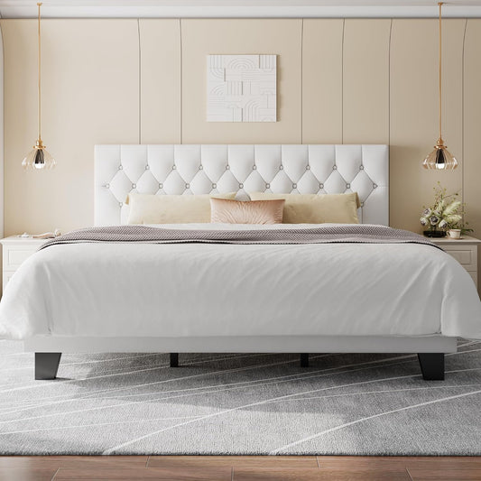 Feonase King Size Velvet Platform Bed Frame, Upholstered Bed with Button Tufted Headboard, Sturdy Wooden Slats & Heavy Duty Feet, No Box Spring Needed, Noise-Free, Easy Assembly, White
