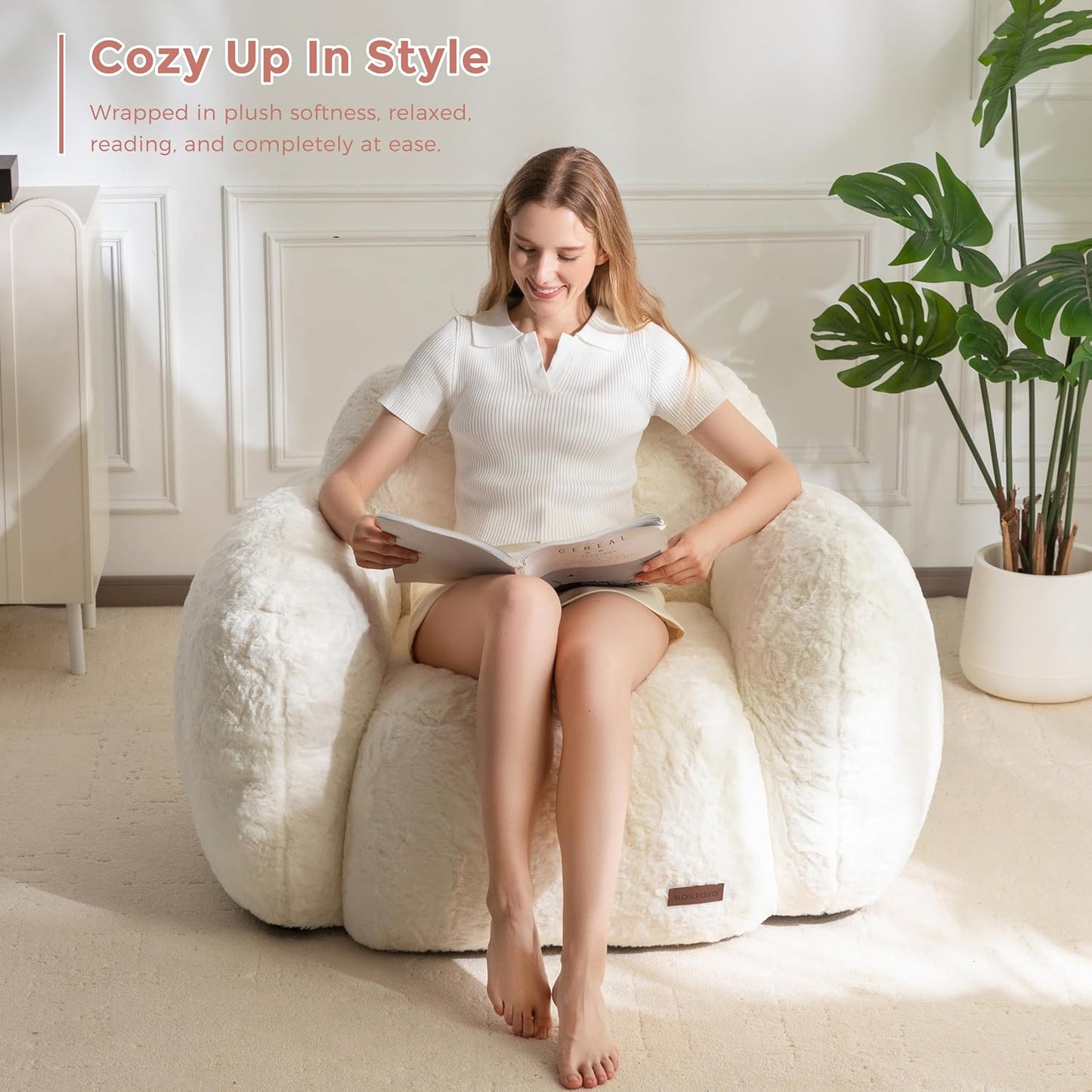 MAXYOYO Bean Bag Chair, Comfy Pebble Shaped Single Bean Bag Sofa for Adults, Stuffed Floor Sofa with Supportive Backrest & Armrests, Modern Faux Fur Accent Chair for Living Room & Bedroom, Beige