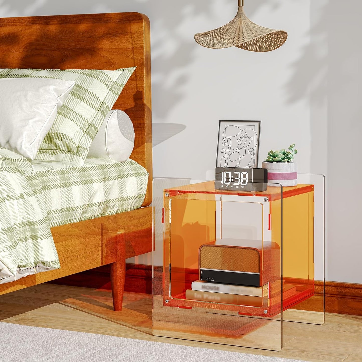 Acrylic Nightstand, Side Table, Record Player Table, End Table with Open Storage Shelf for Living Room, Bedroom, Home, Office Reception (Orange)
