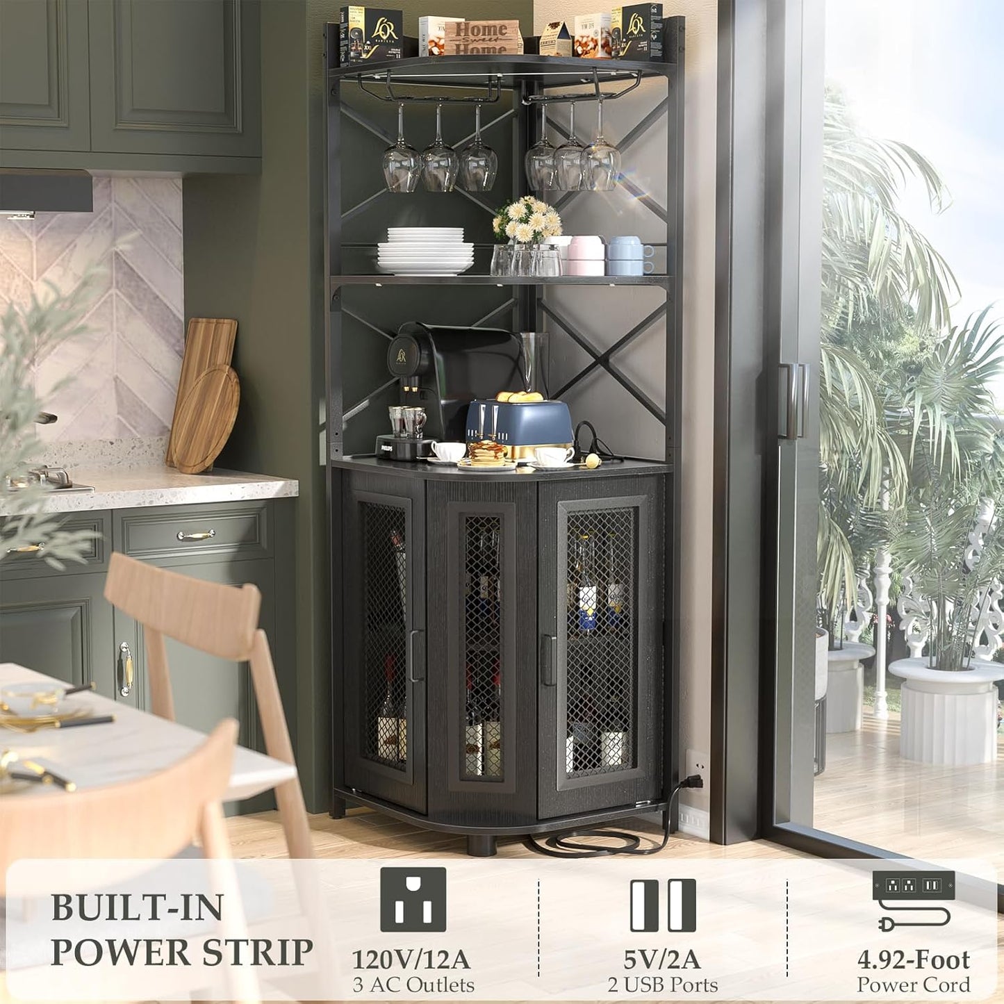 Aheaplus Corner Bar Cabinet with Power Outlet, Industrial Wine Cabinet with LED Strip and Glass Holder, 5-Tiers Liquor Cabinets Bar Unit for Home, Corner Display Cabinets for Small Space, Black