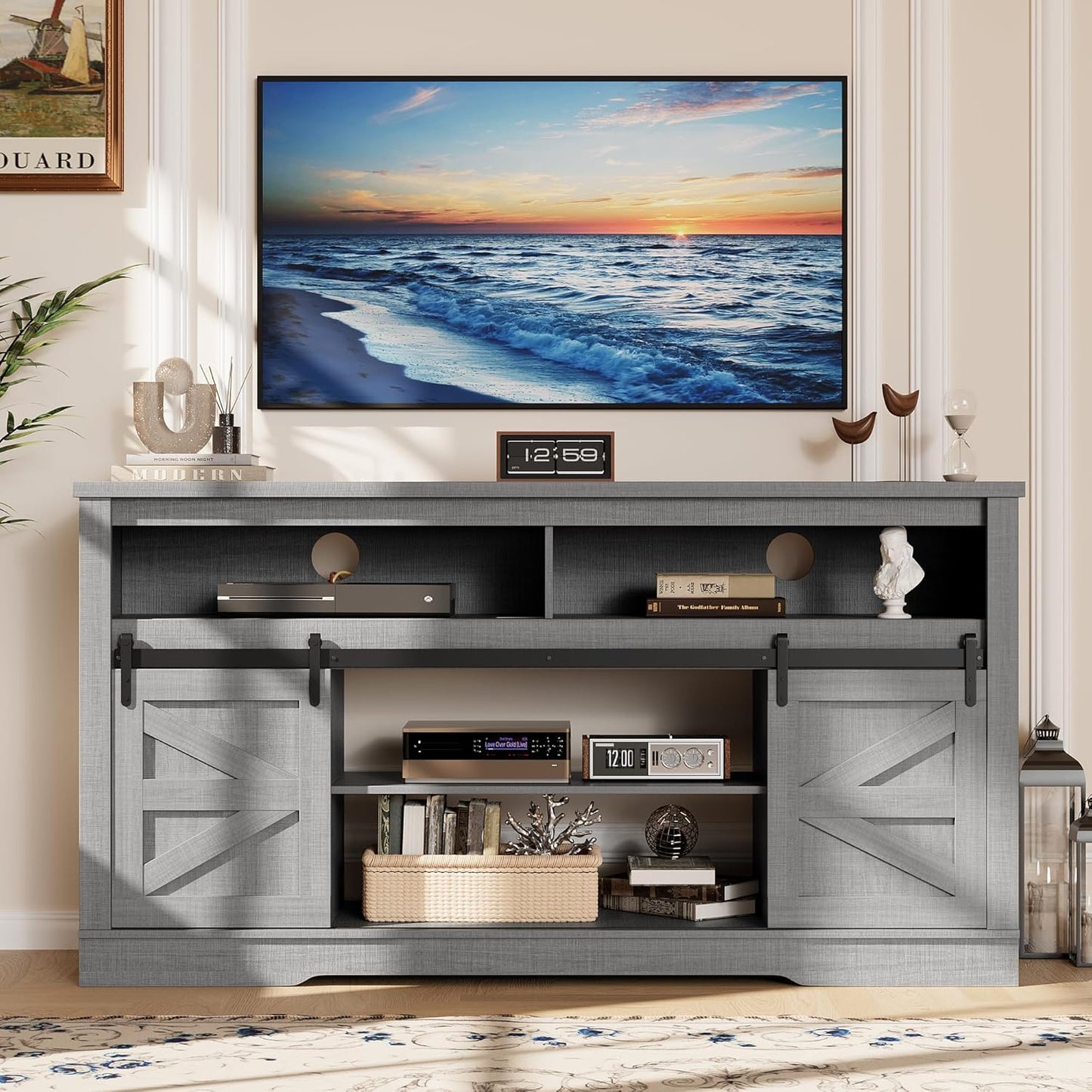 YESHOMY Fireplace TV Stand for Television up to 65+ Inch with Storage and Farmhouse Sliding Barn Doors, Entertainment Center with Cabinet and Shelves, Media Console for Living Room, Gray