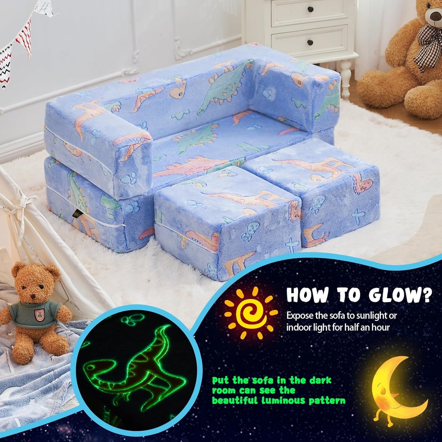 Kids Couch Sofa Modular Toddler Couch,Fold Out Kids Sofa, Blue Dinosaur