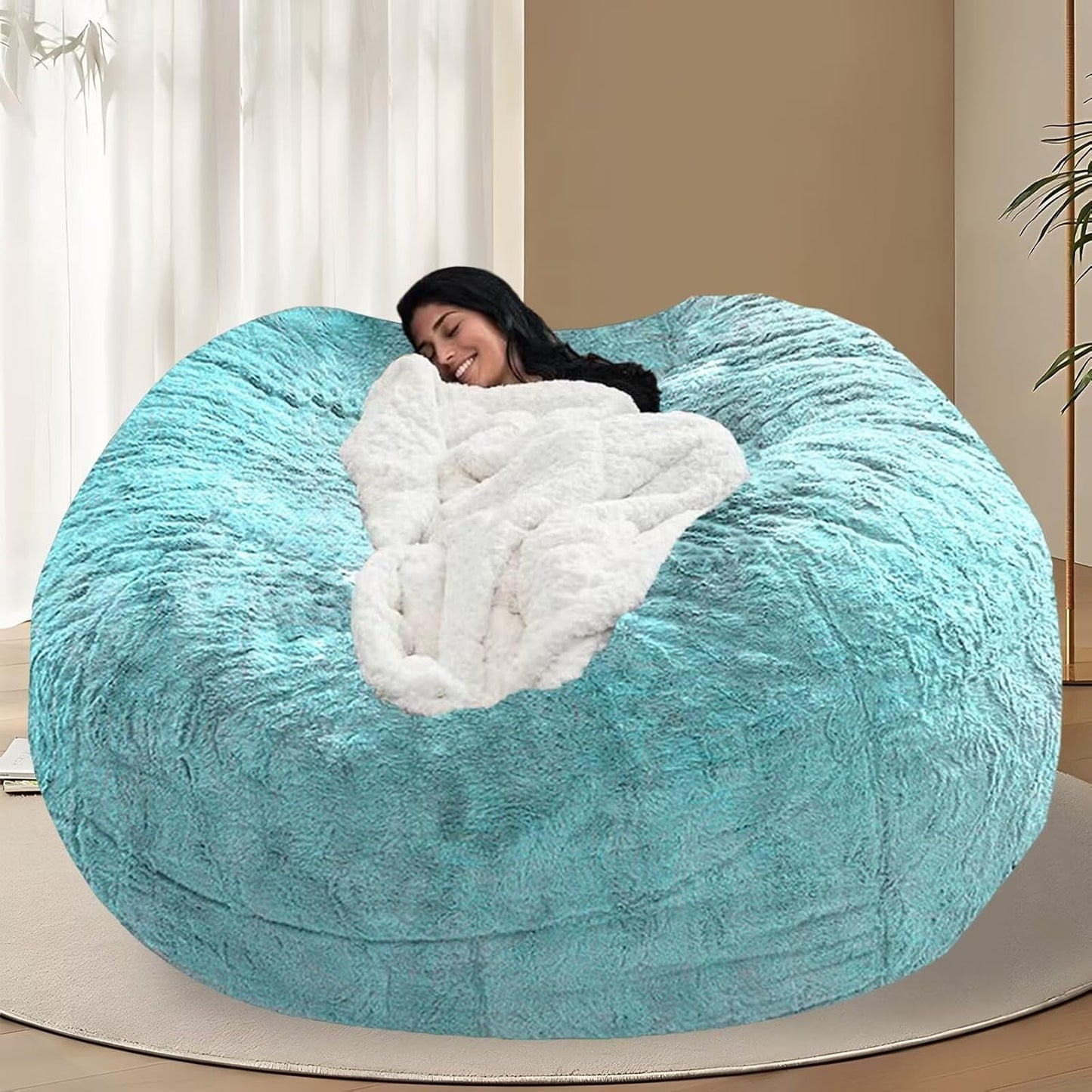 BCU 6FT Bean Bag Chair for Adults and Kids Without Filler Giant Stuffed Animal Storage Cover Soft Faux Fur Floor Chair Cover for Bedroom Living Room, Blue Green