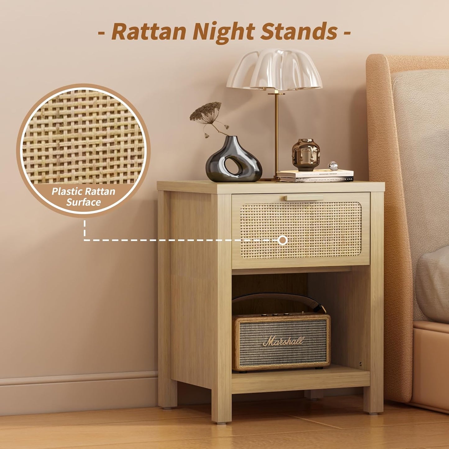 Rattan Nightstand, Farmhouse Bedside Table with Opening Storage,Large Side Table with Drawer,Boho Night Stand,Wooden End Table,Handmade Solid Wood Handle,Natural CTG65Y