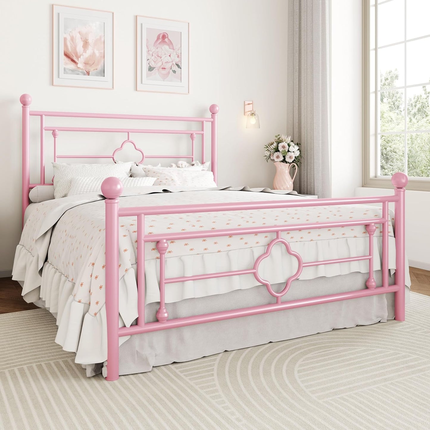 SHA CERLIN 14 Inches Queen Size Metal Platform Bed Frame/Vintage Iron-Art Headboard and Footboard/Mattress Foundation for Storage/No Box Spring Needed/Noise-Free/Easy Assembly/Pink