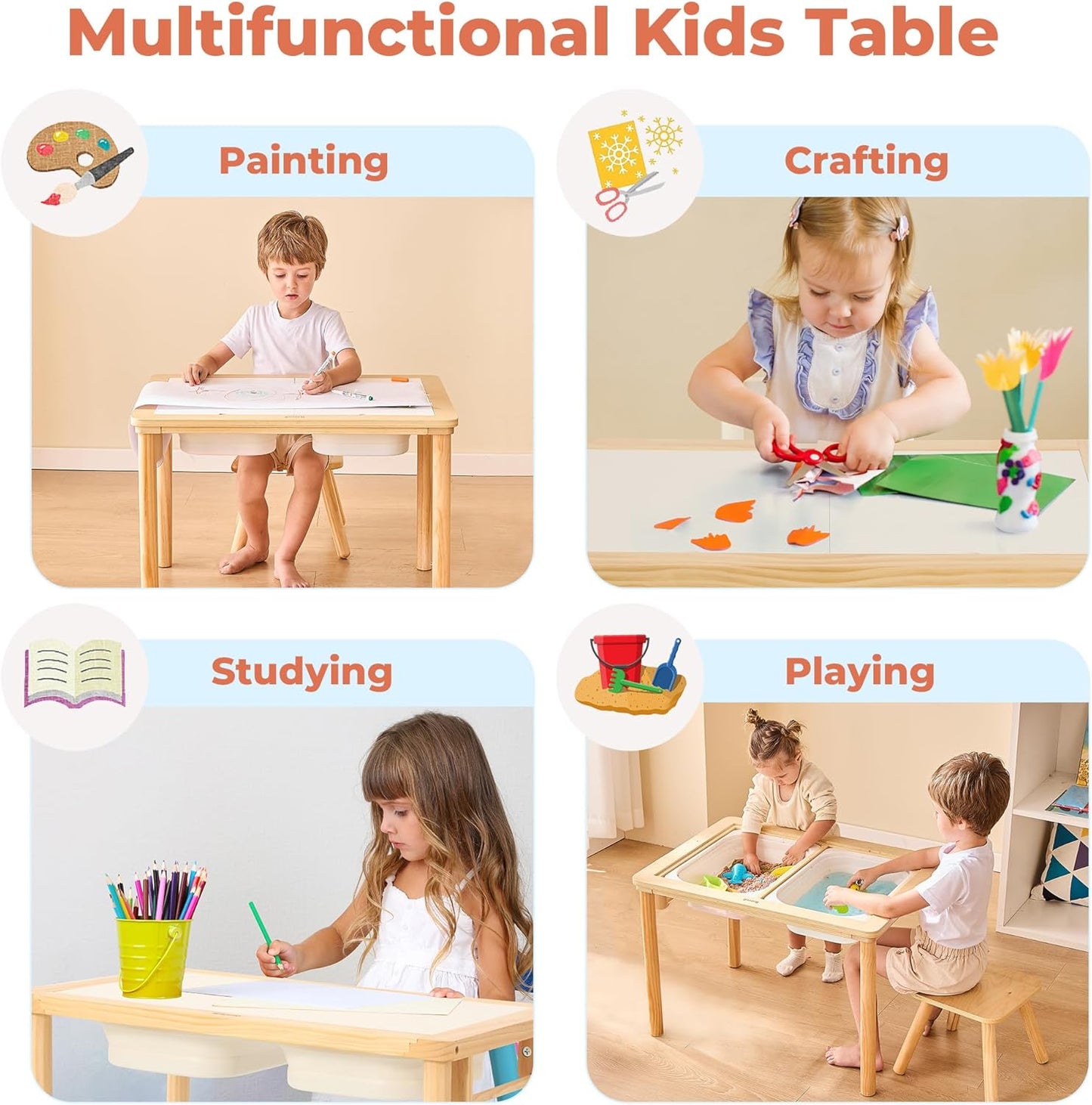 Sensory Table for Toddlers with 2 Storage Bins, Wooden Activity Table with Double-Sided Boards, Sand and Water Play, Indoor & Outdoor Use