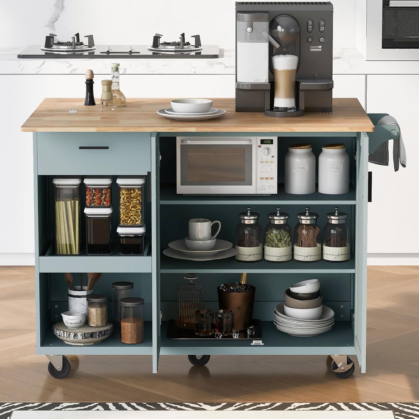 49" Kitchen Island with Foldable Counter Top,Kitchen Storage Cart W/Slide-Out Shelf,Towel Rack and Drawer,Rolling Kitchen Cart on Wheels,for Kitchen,Living Room,Dining Room,Grey Blue