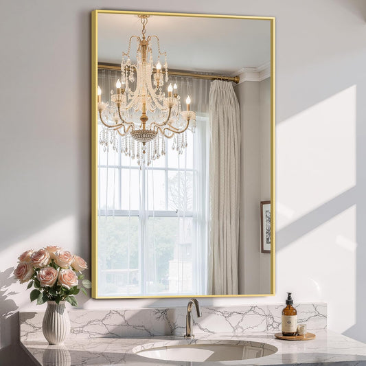 Bathroom Vanity Mirror for Wall, 36" x 24" Metal Framed Rectangular Bathroom Wall Mirror for Over Sink, HD Shatterproof Glass, Hangs Horizontally or Vertically(Gold)