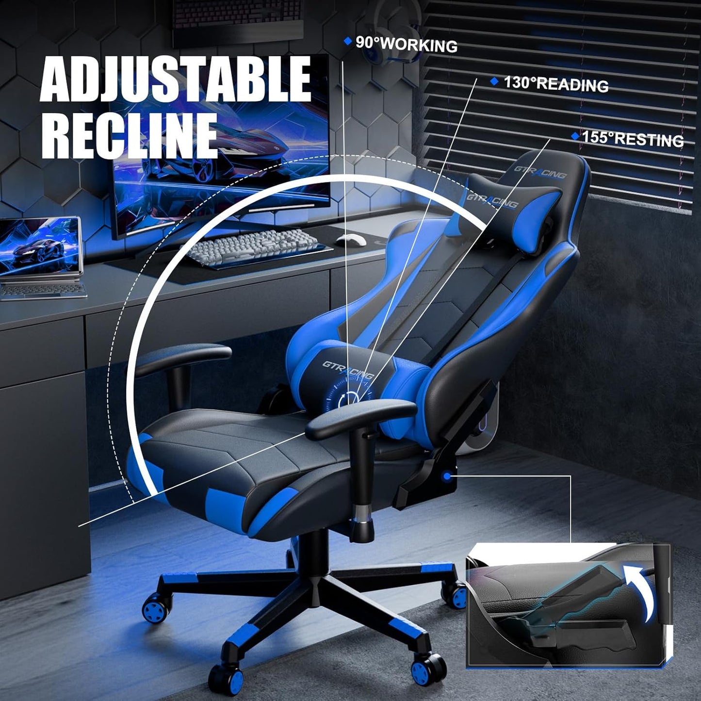 GTRACING Gaming Chair Racing Office Computer Ergonomic Video Game Chair Backrest and Seat Height Adjustable Swivel Recliner with Headrest and Lumbar Pillow Esports Chair (NavyBlue)