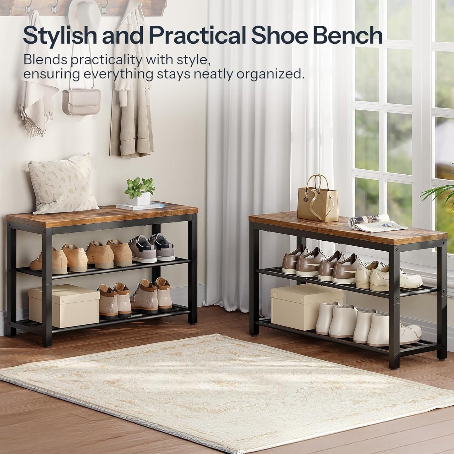 HOOBRO Shoe Storage Bench, 29.5" L Entryway Bench Organizer, 3-Tier Shoe Rack for Closet, Shoe Shelf with Wooden Top Seat, Loads 300 lb, Space-Saving, Rustic Brown and Black BF76HX01